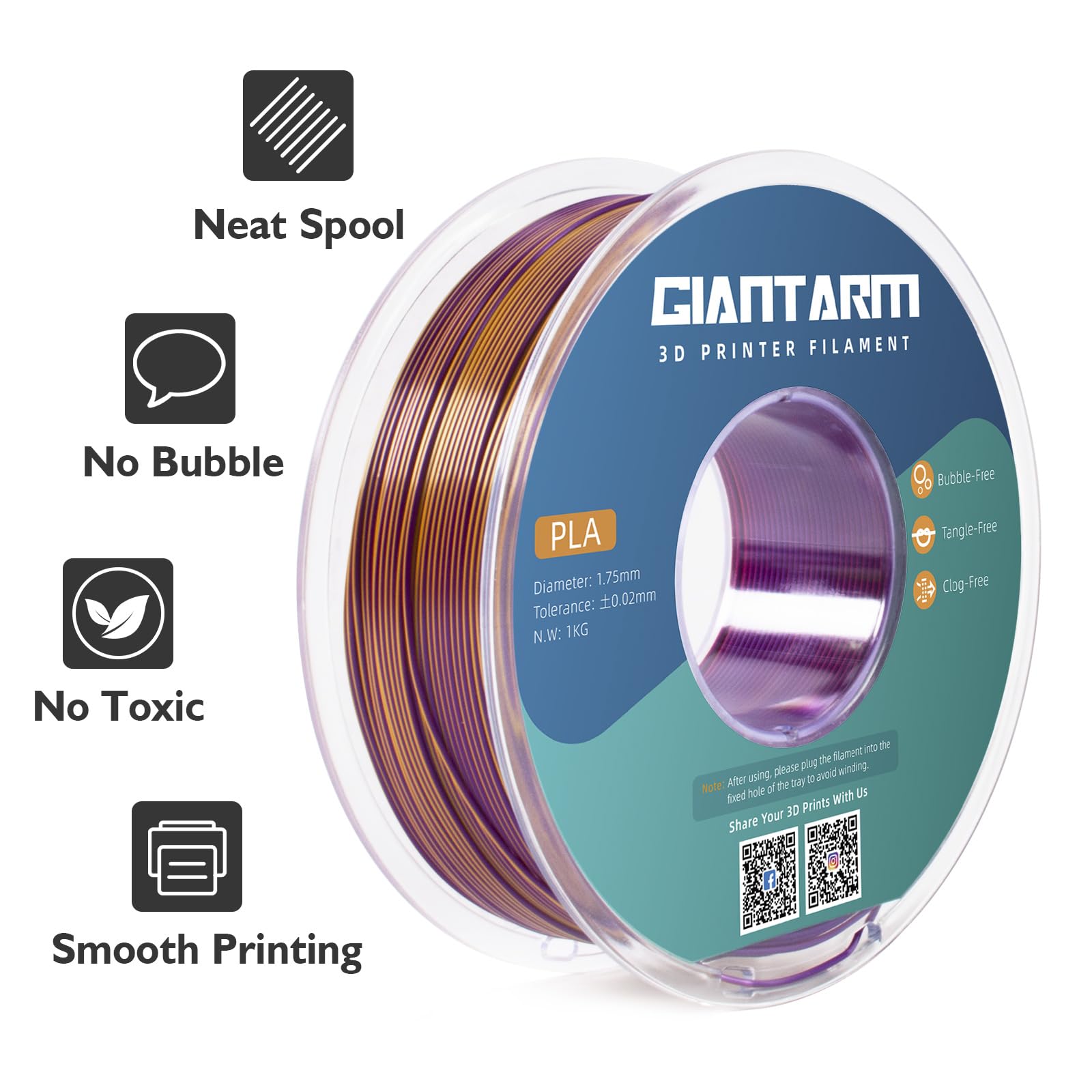 Giantarm Tri-Colors Silk Pla Filament, 3D Printer Filament 1.75Mm +/-0.02Mm, 1Kg (2.2Lbs) Spool, Vacuum Packaging?Red+Gold+Purpl