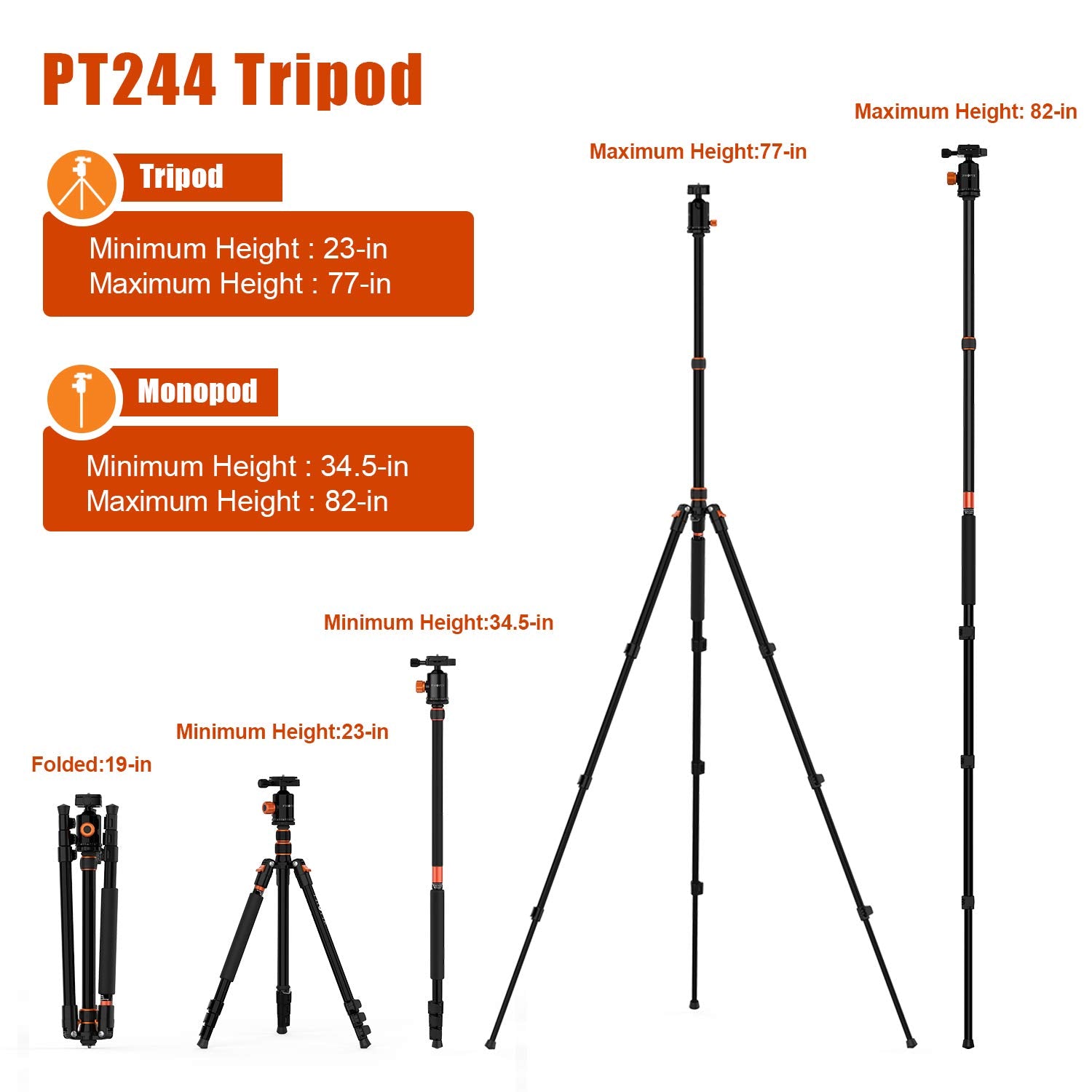 PHOPIK 77" Travel Tripod for DSLR - Lightweight, 360° Ball Head, Black, Model PT244, Supports up to 17.6 lbs, Includes Carry Bag