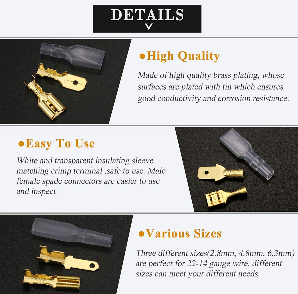 Fixitok 480Pcs Quick Splice 2.8/4.8/6.3Mm Male Female Wire Spade Connector Wire Crimp Terminal Block With Insulating Sleeve Asso