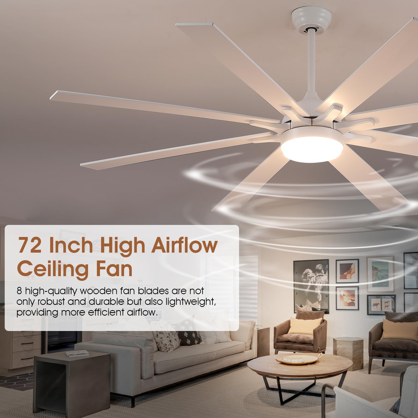 Kviflon Modern Ceiling Fans With Lights And Remote, Indoor 72 Inch White Ceiling Fan With Light For Living Room Bedroom, Large O