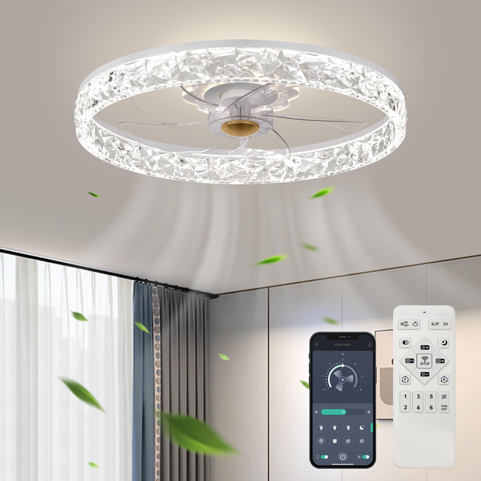 Fszdorj 20 Ceiling Fan with Light, Upgraded Low Profile Fan, Flush Mount Ceiling Fan, 6 Speeds, Dimmable LED, App & Remote Con