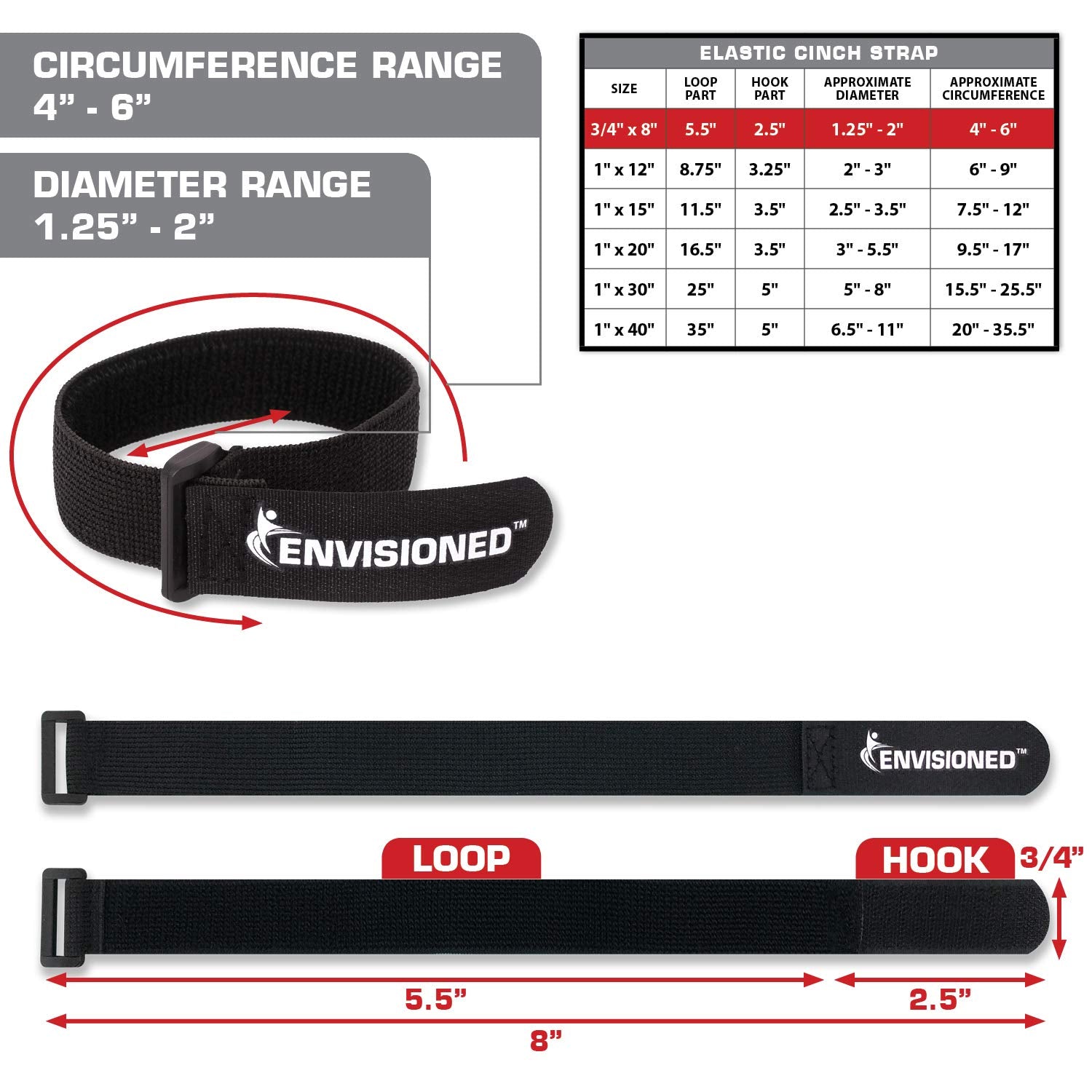 Elastic Reusable Cinch Straps 3/4''X8''   10 Pack Hook And Loop   Plus 2 Free Bonus Reusable Cable Ties