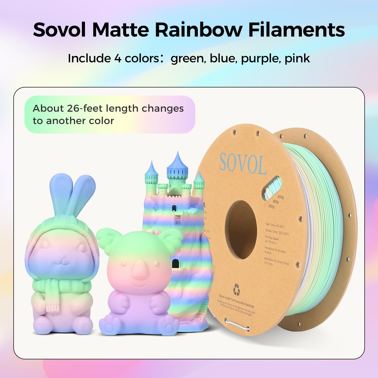 Sovol 3D Printer Matte Multicolored Fast Change Rainbow Pla 1Kg (2.2 Lbs) Spool 3D Printing Materials, Dimensional Accuracy +/