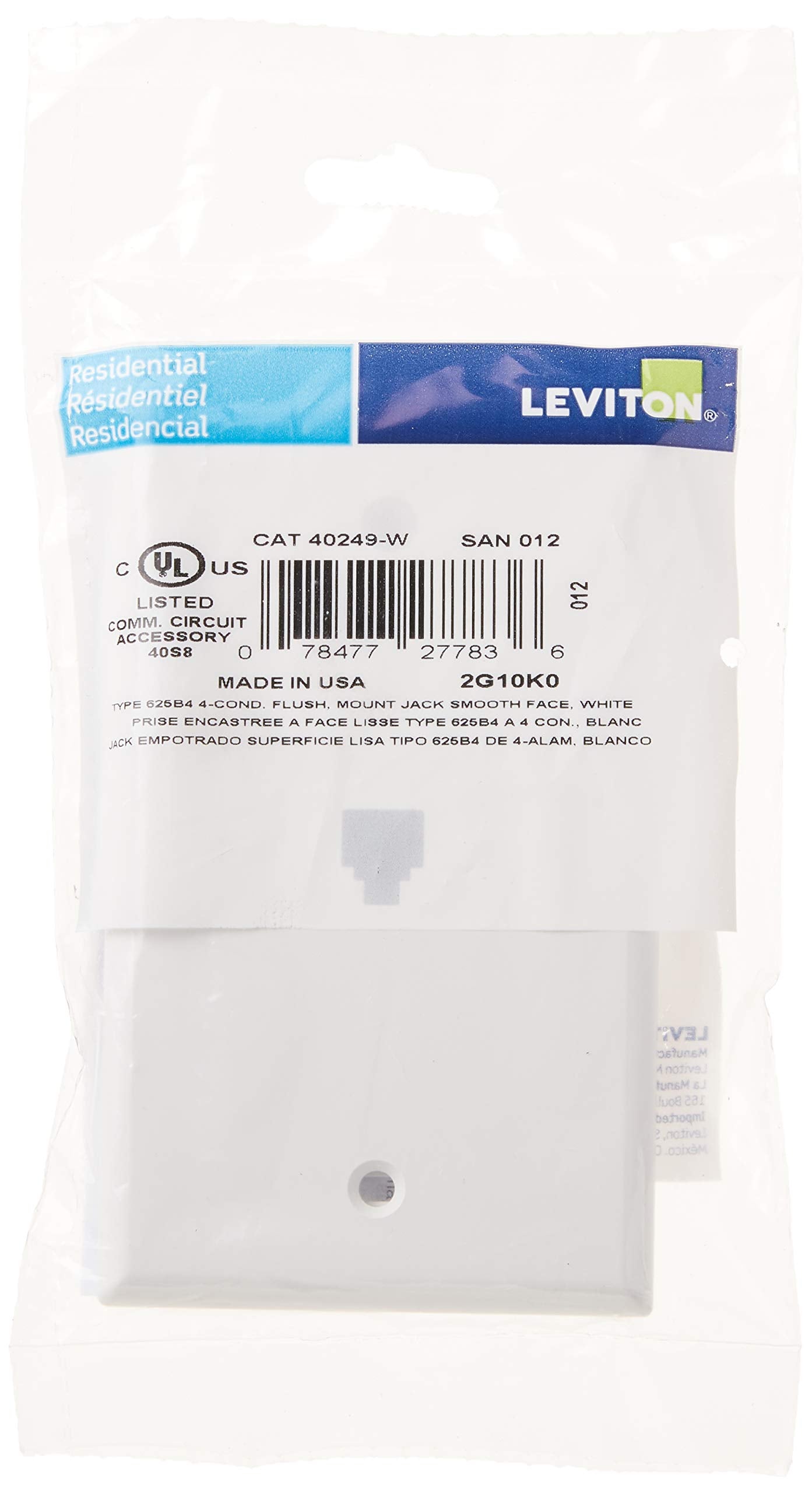 Leviton 40249 W Standard Telephone Wall Jack, 6P4C, Screw Terminals, White