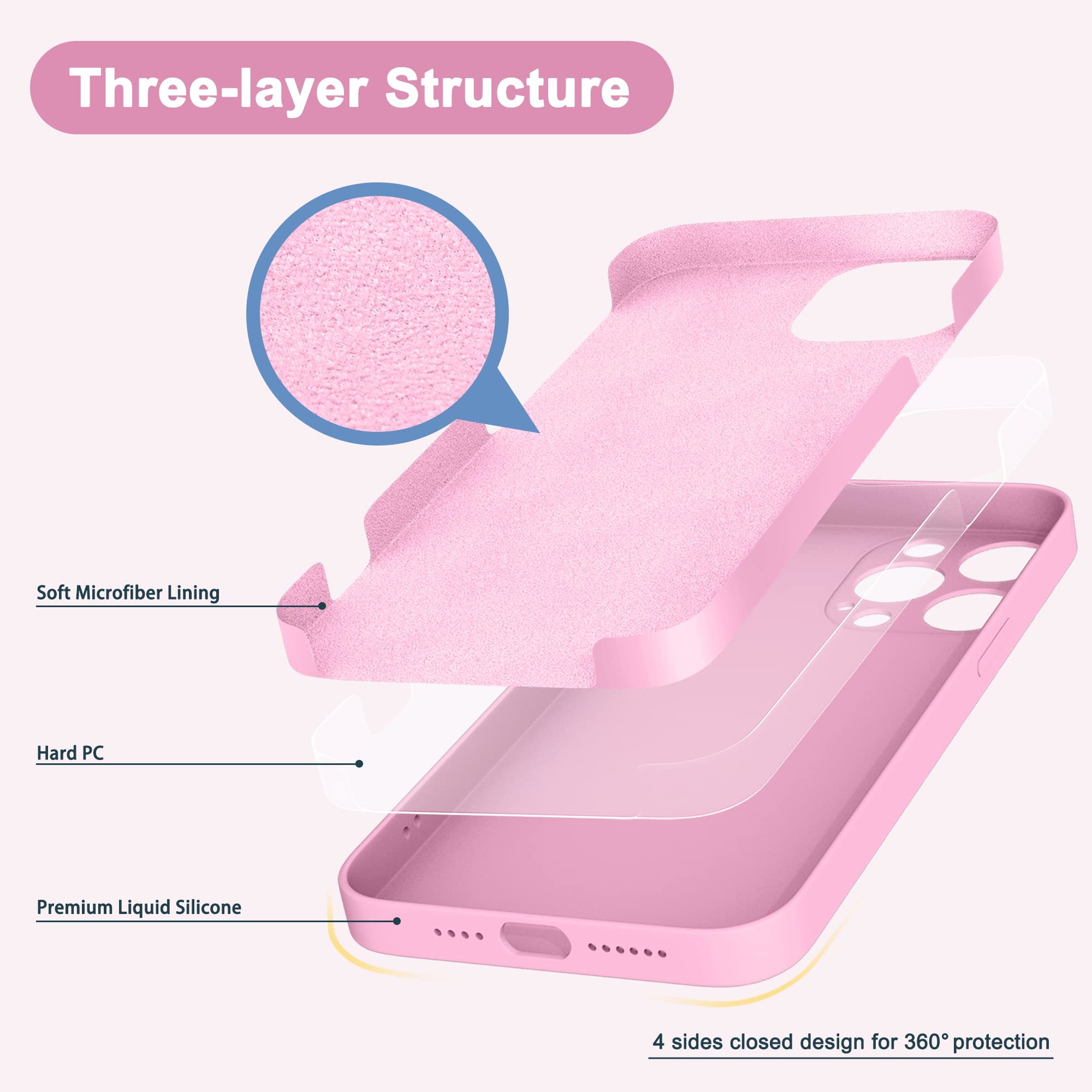 Andate Pink Iphone 13 Pro Max Silicone Case, Compatible With Iphone 13 Pro Max Full Body Protective Phone Cover Case With Microf