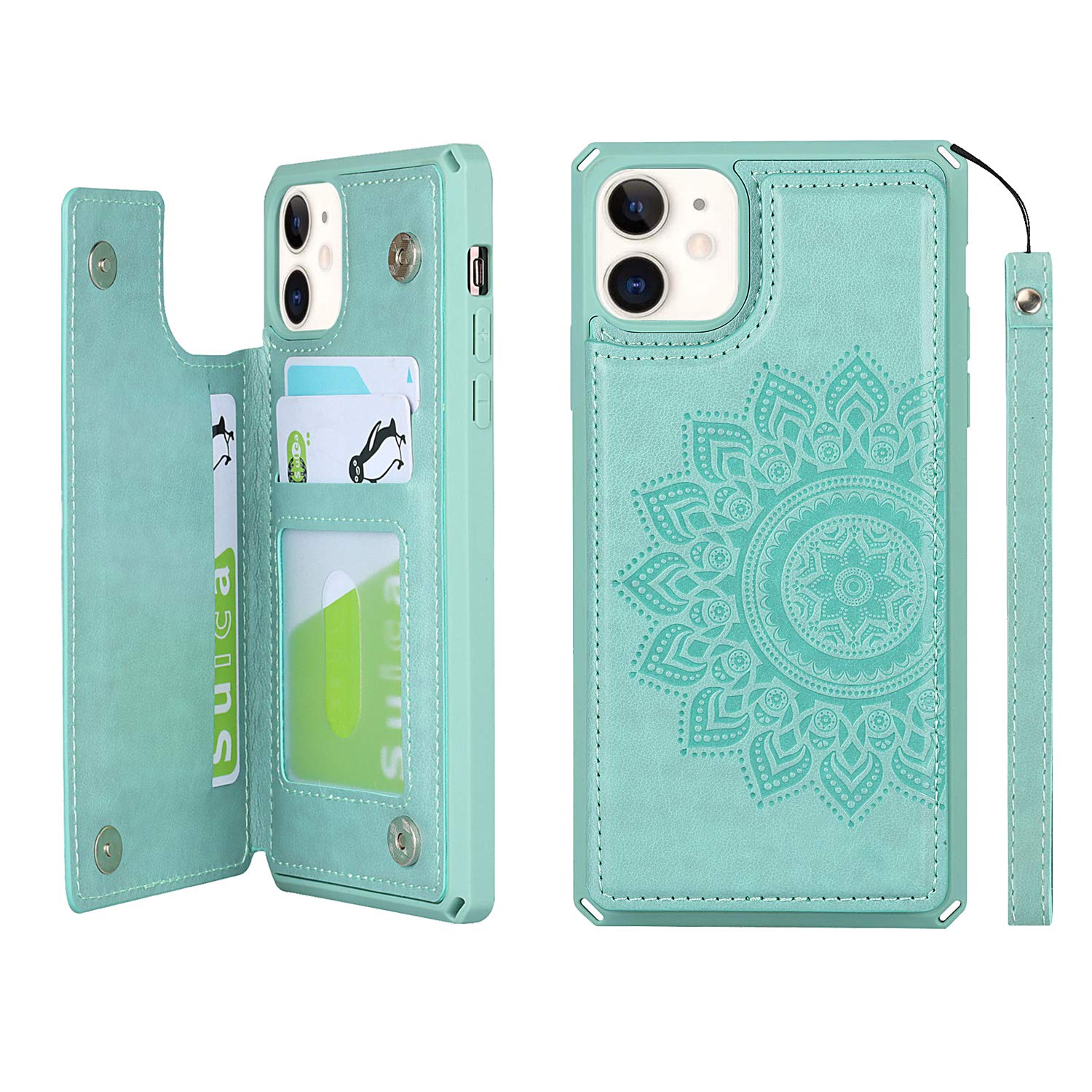 Cavor For Iphone 11 Embossed Mandala Pattern Flower Pu Leather Wallet Case With Card Holder Shockproof Cover   Green