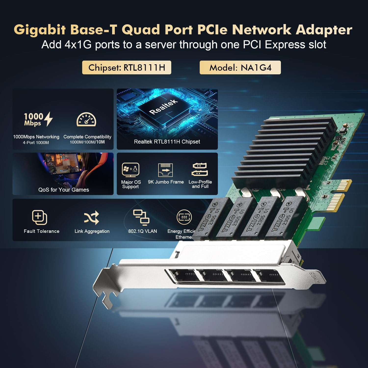 Binardat 4 Port Gigabit Pcie Network Adapter, Realtek Rt8111H Controller 1000/100Mbps Ethernet Lan Nic Card For Windows/Linux/Ma