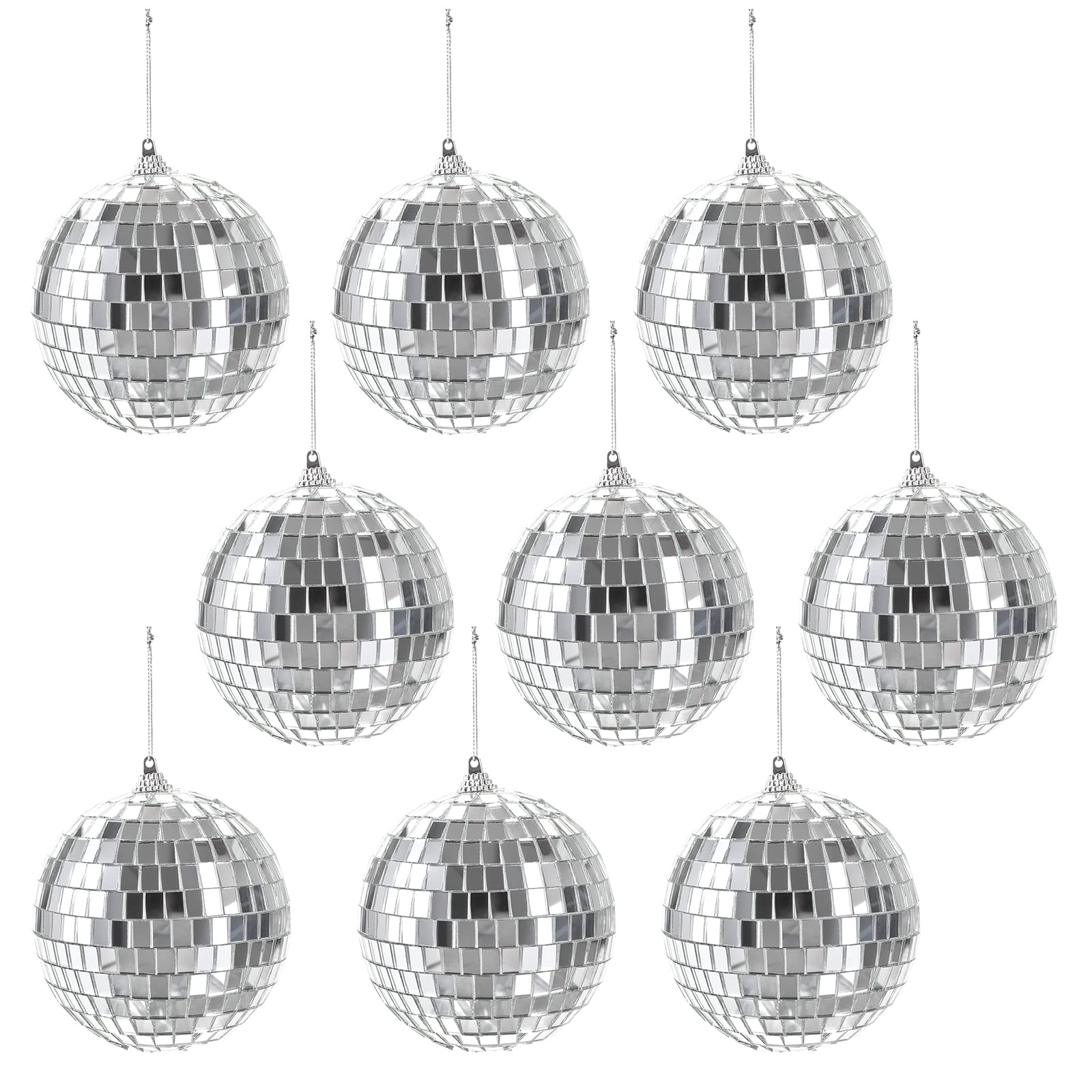 Suwimut 9 Pack Mirror Disco Ball, 4 Inch Small Reflective Mirror Ball Ornaments Silver Hanging Disco Balls With Attached String