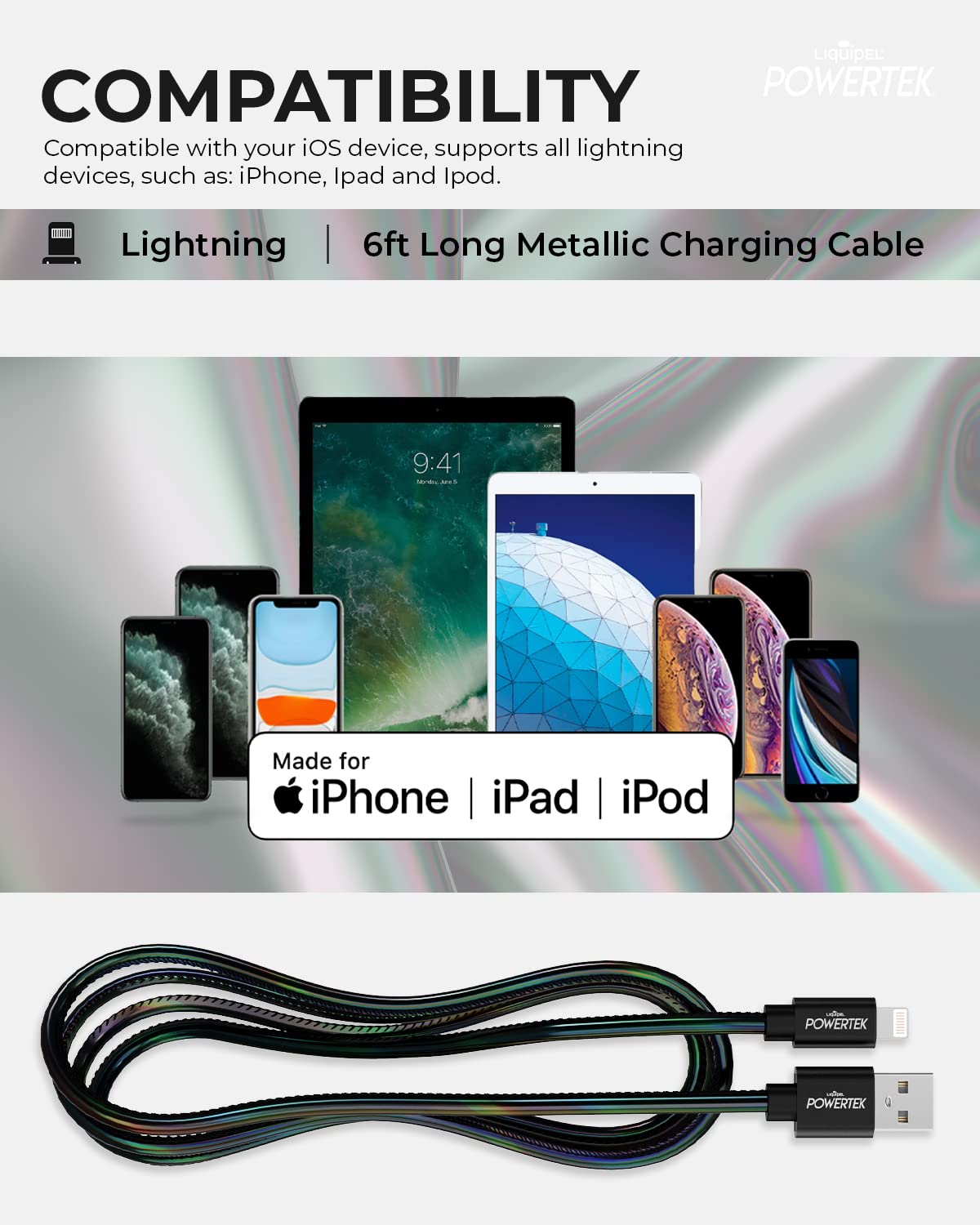 Liquipel Powertek Iphone Charger Cable, 6 Ft Fast Charging Lightning To Usb Cord Adapter, Compatible For Ipad, Mfi Certified, Metallic Shine (Black)