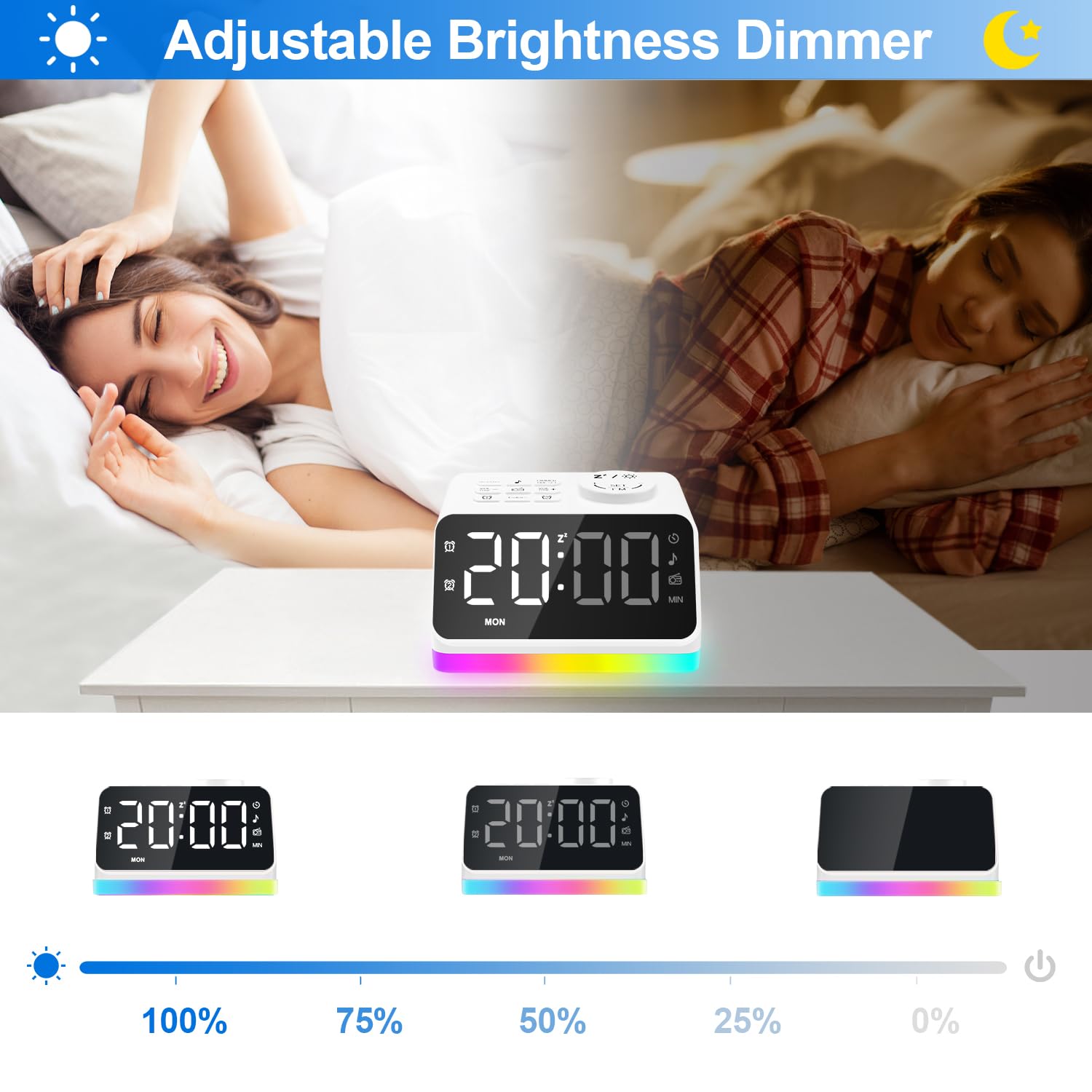 Jall Digital Alarm Clock With Fm Radio For Bedroom, 8 Colors Night Light With 2 Charging Port, Sleep Sound Machines With Timer,