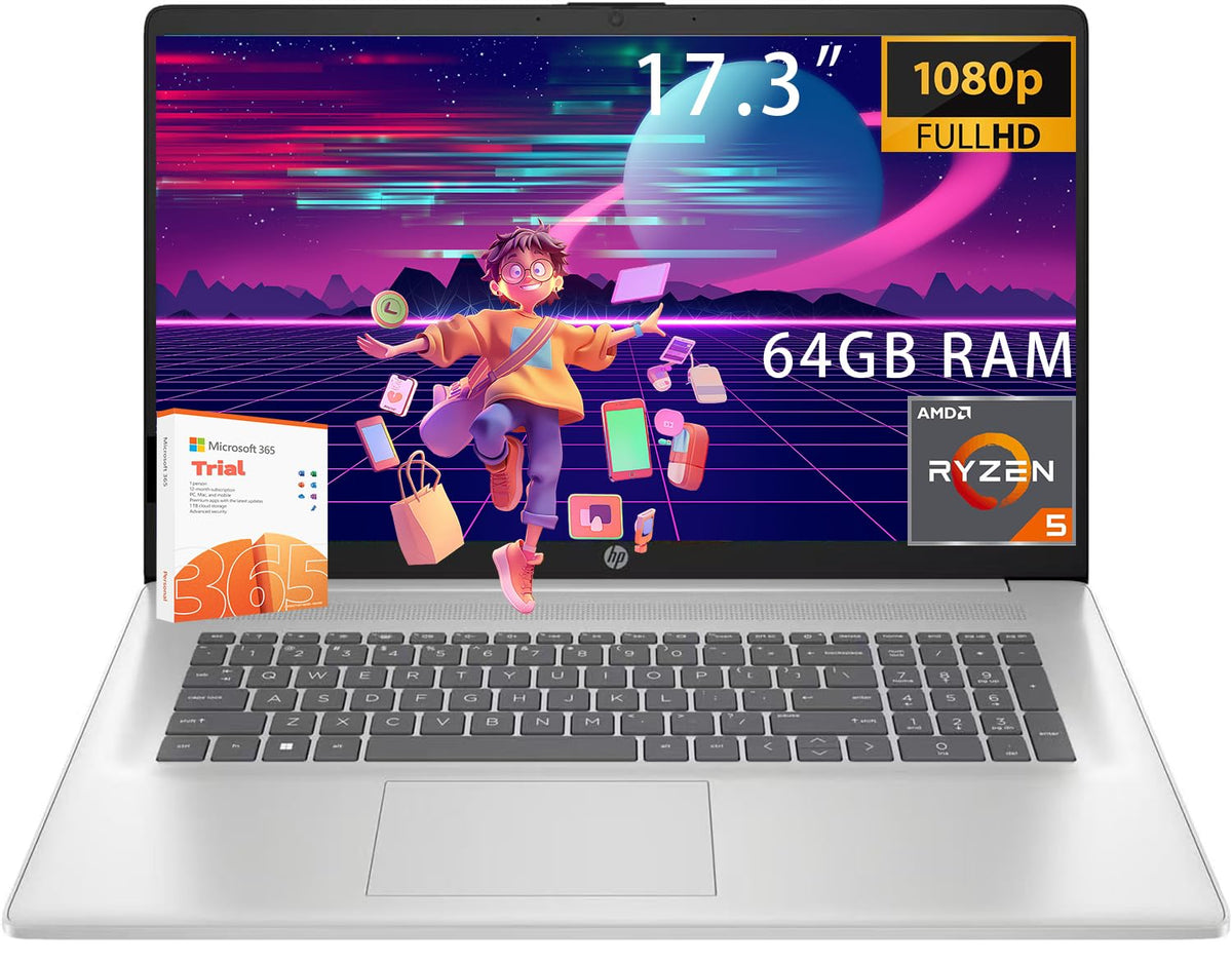 Hp 2025 17.3 Inch Laptop Computer  64Gb Ram  1Tb Pcie Ssd  Amd Ryzen 5 7430U 6-Cores Processor  Windows 11 Home With Microsoft 3