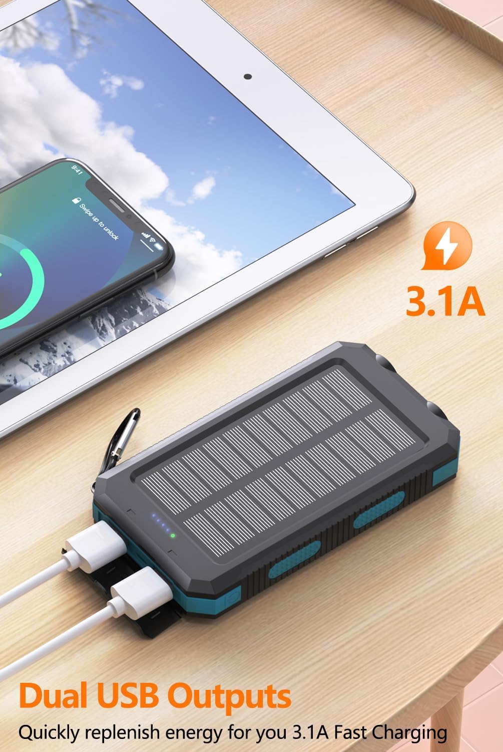 Power Bank 10000Mah Solar Portable Charger With Usb-C 5V/3.1A Fast Charging Compatible With Iphone, With 2 Led Flashlights And I