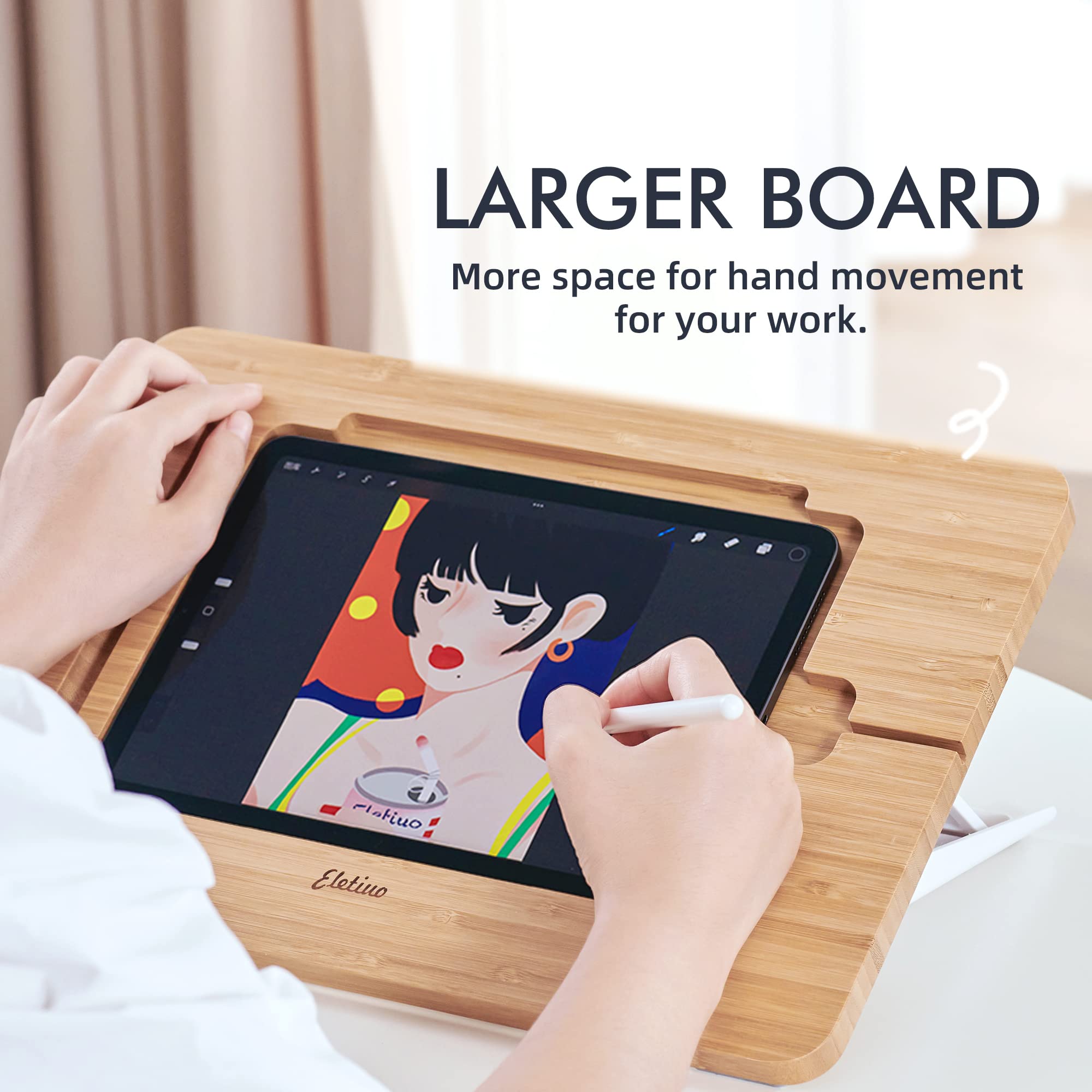 Eletiuo Upgraded Bamboo Wooden Drawing Ipad Holder With Pencil&Charger Cable Slot, Multi Angle Adjustable Tablet Desktop,Foldabl