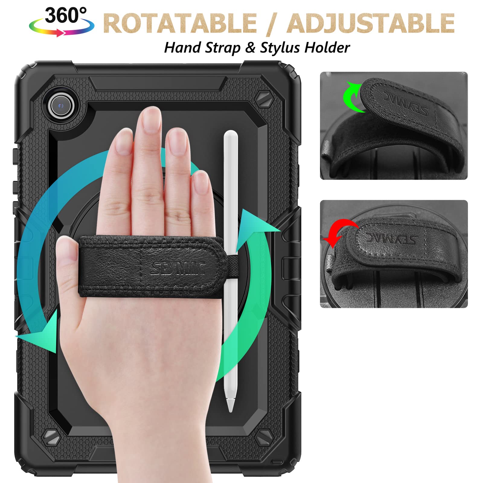 Seymac Stock 360 Hand Strap Shockproof Case For Samsung Galaxy Tab A8 10.5 Inch, Black