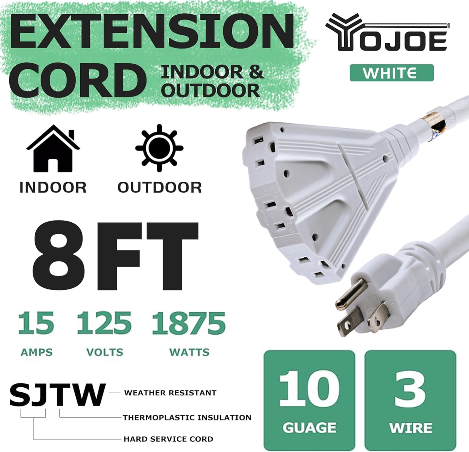 Yojoe 3 Outlets Indoor Outdoor Extension Cord, 3 Prong 15A Weatherproof Power Cord Multiple Outlets, 10 Gauge Heavy Duty 8 Ft Wh