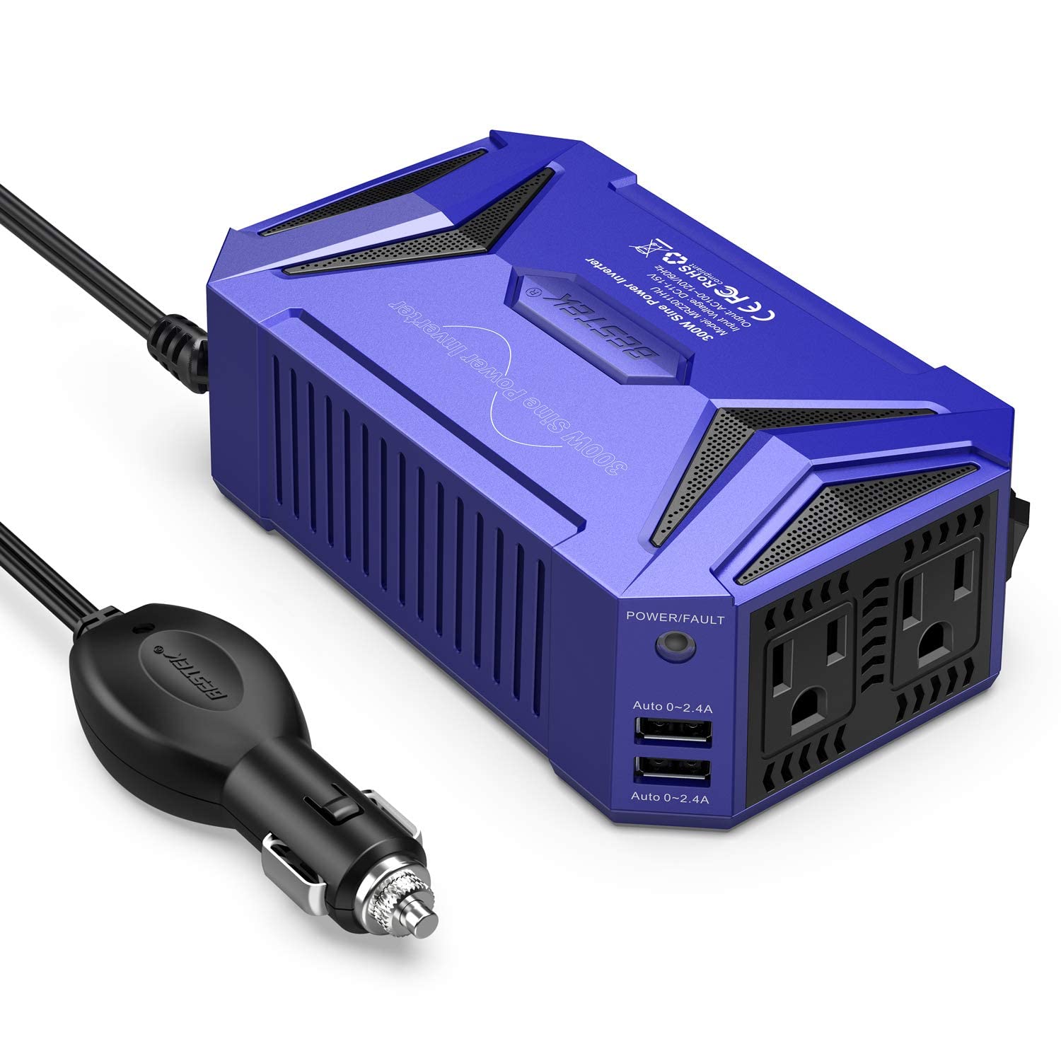 Bestek 300Watt Pure Sine Wave Power Inverter Car Adapter Dc 12V To Ac 110V With 4.2A Dual Smart Usb Ports (Blue)