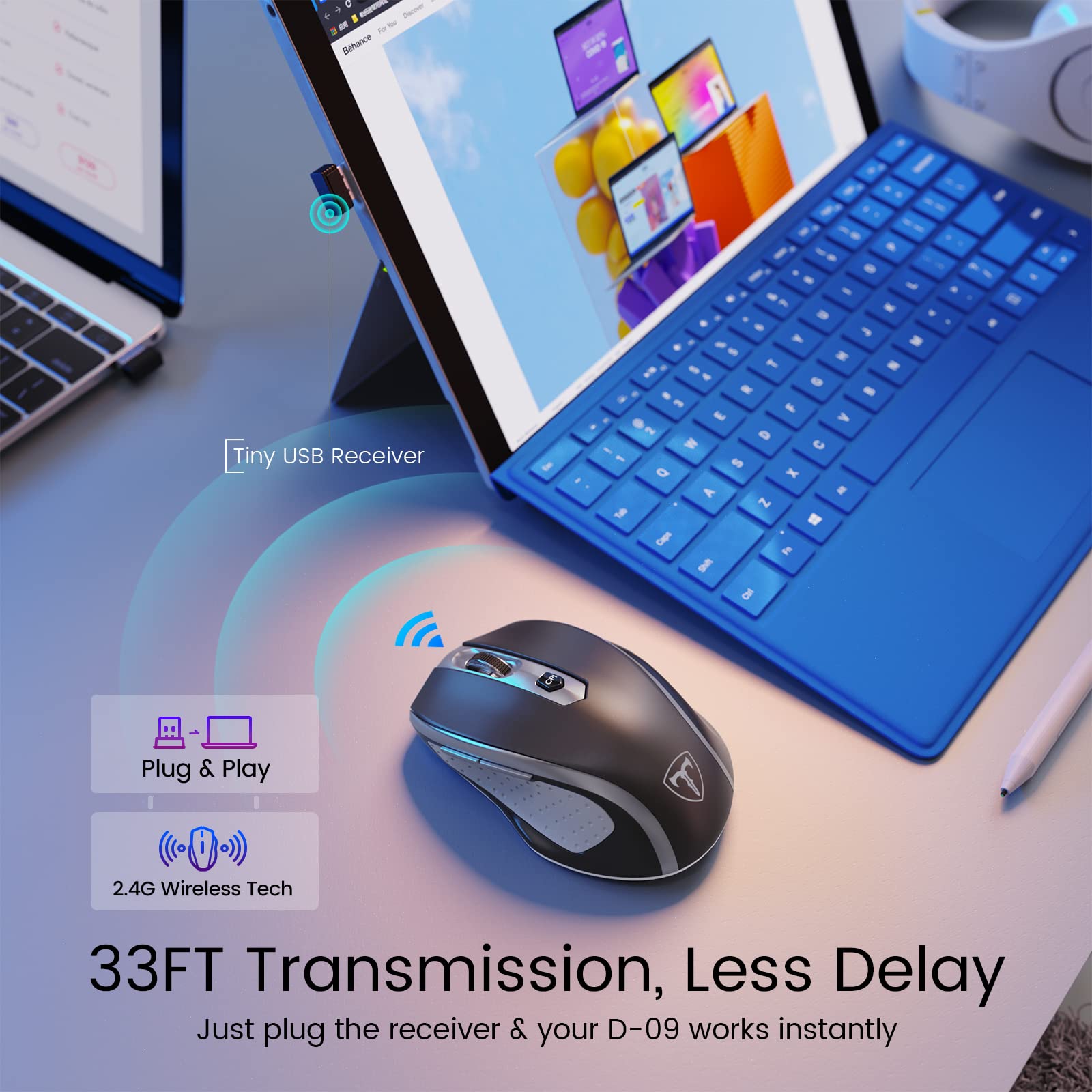 Hotweems D 09 Wireless Mouse For Laptop   Ergonomic Plus Computer Usb Cordless Mice, Ergo Grips, Lightspeed 5 Level 2400 Dpi, 16 Months Battery, Portable For Pc Mac Chromebook, 6 Button, Graphite Grey