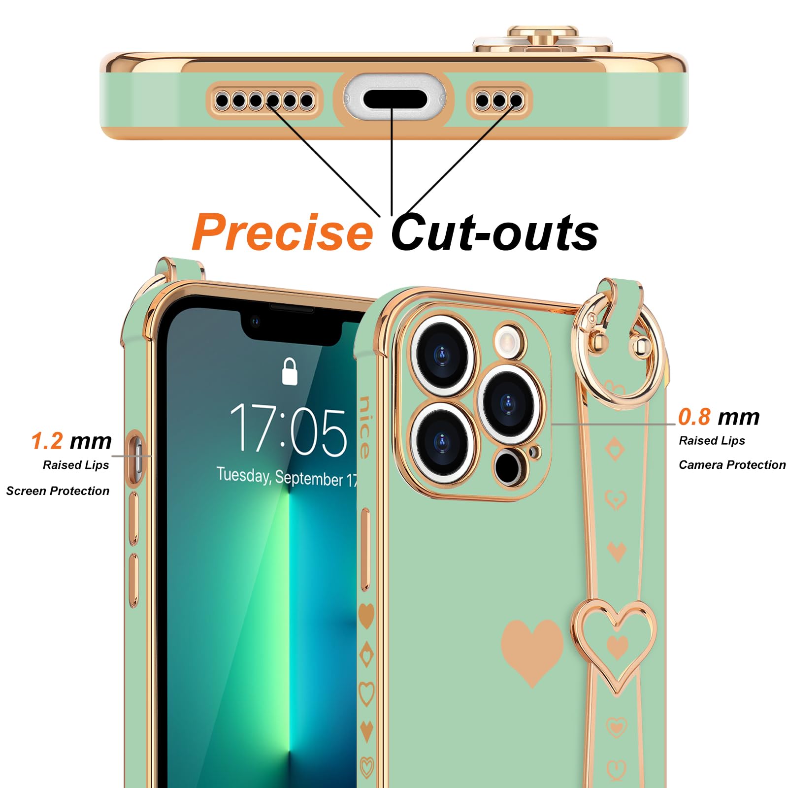 Llz.Coque For Iphone 13 Pro Case Cute Love Heart Plating Strap Phone Cover For Women Girls Bling Silicone Camera Lens Protection