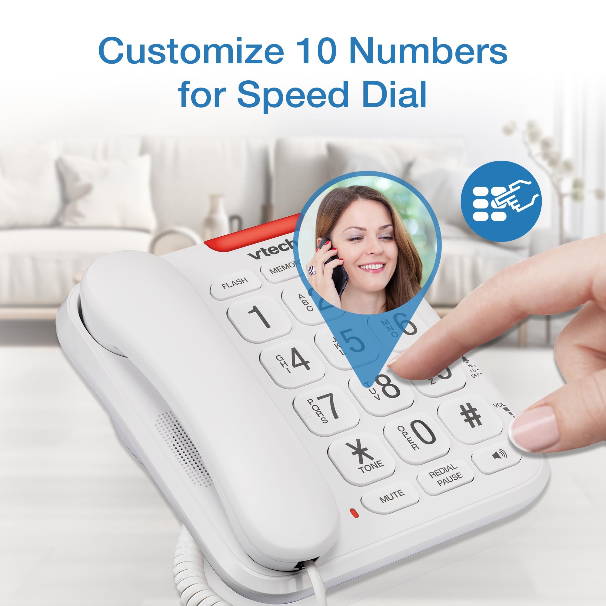 Vtech Sn1107 Corded Phone With Oversized High Contrast Buttons, Talking Digits For Seniors, 10 Number Speed Dial, Visual Ringer,