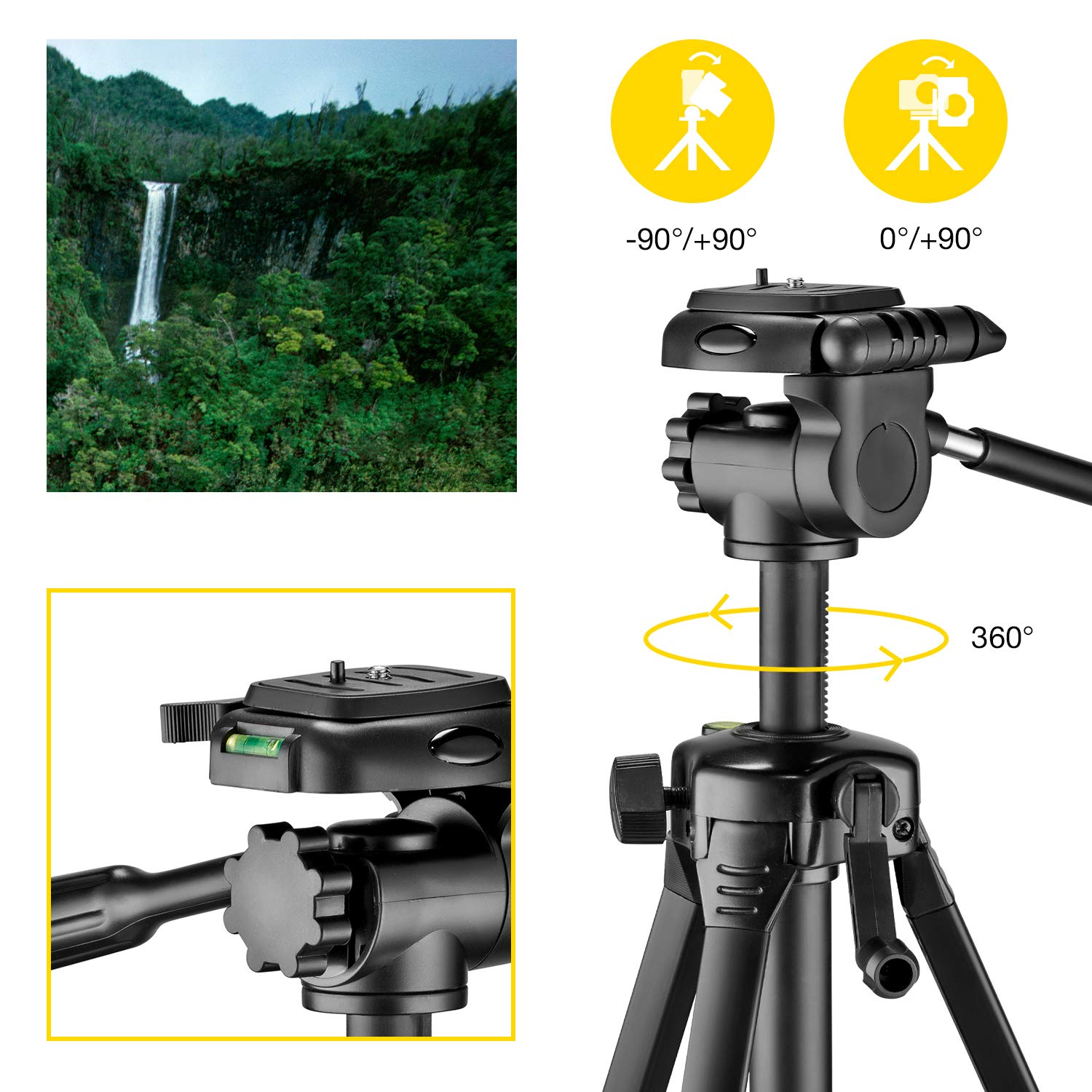National Geographic Medium Photo Tripod Kit - Aluminium, 3-Way Head, Quick Release, Black, Model NGPH000, Load Capacity 1.5kg