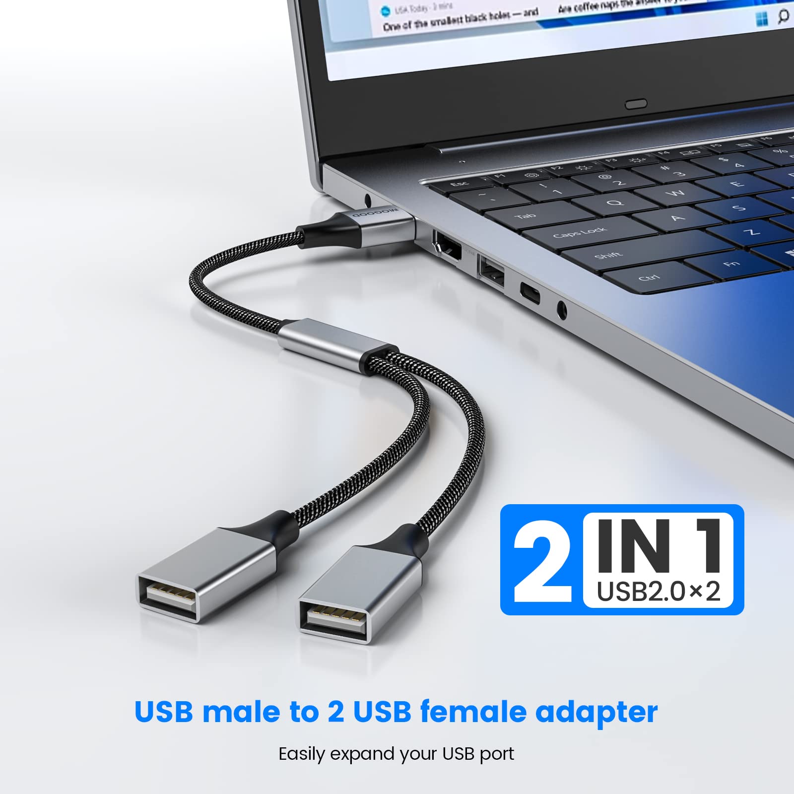 MOGOOD USB Splitter Cable, Dual USB 2.0 Adapter, Silver Power Cord Extension for Charging & Data Transfer, 1 Pack