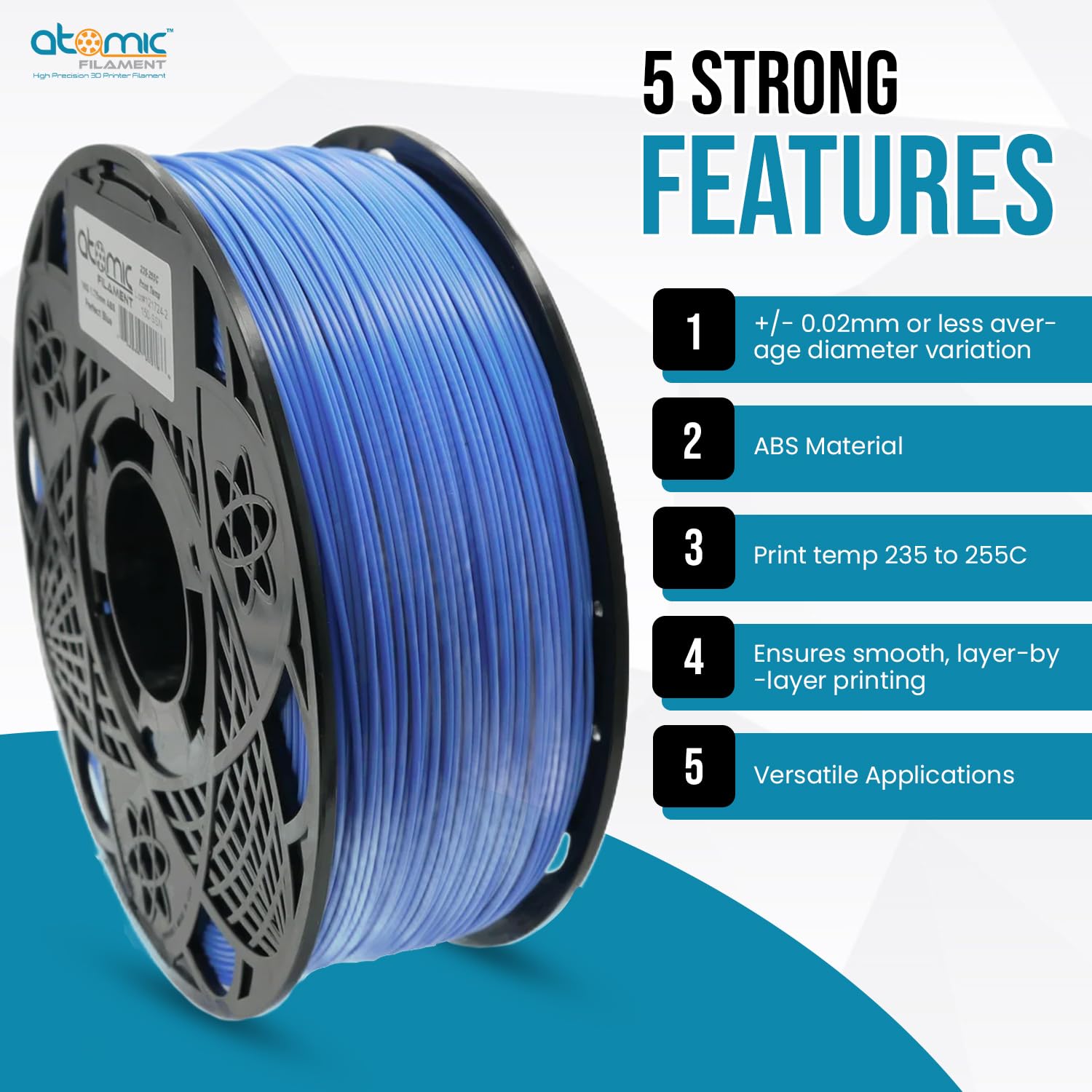 Atomic Filament Perfect Blue 3D Printer Abs Filament 1.75 Mm | Dimensional Accuracy 99% Probability +/  0.02Mm | 3D Printer Acce