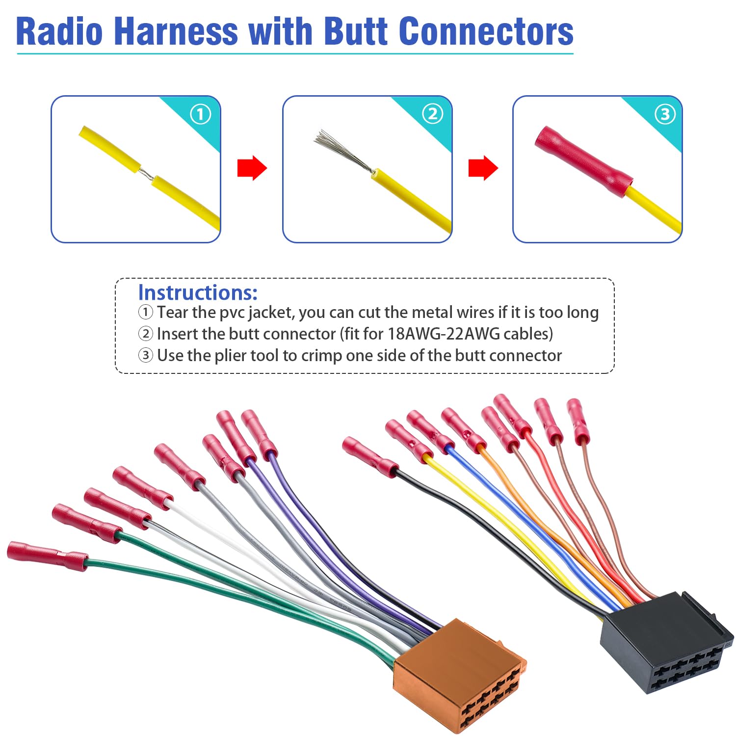 Jayubien Car Radio Stereo Wiring Harness Adapter,16Pin Iso Radio Wire Harness With Butt Connector Replacement Cable For Aftermar