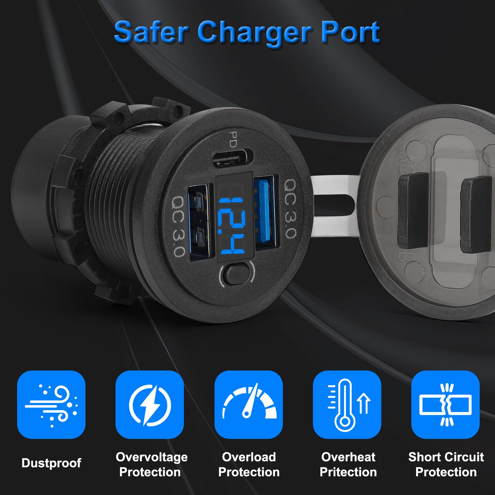Risornda Dual Qc3.0 18W & Pd 30W Quick Charging Port, Usb C Car Charger Socket With Voltmeter, 12V Usb Outlet Waterproof For Mar