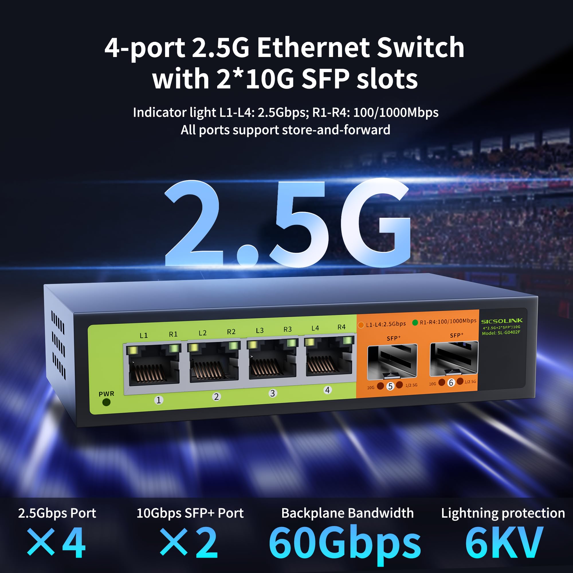 Sicsolink 6 Port 2.5G Ethernet Switch, 4X2.5Gb Ports With 2X10Gb Sfp Uplink, Unmanaged,Plug & Play, Desktop/Wall Mount, Fanless