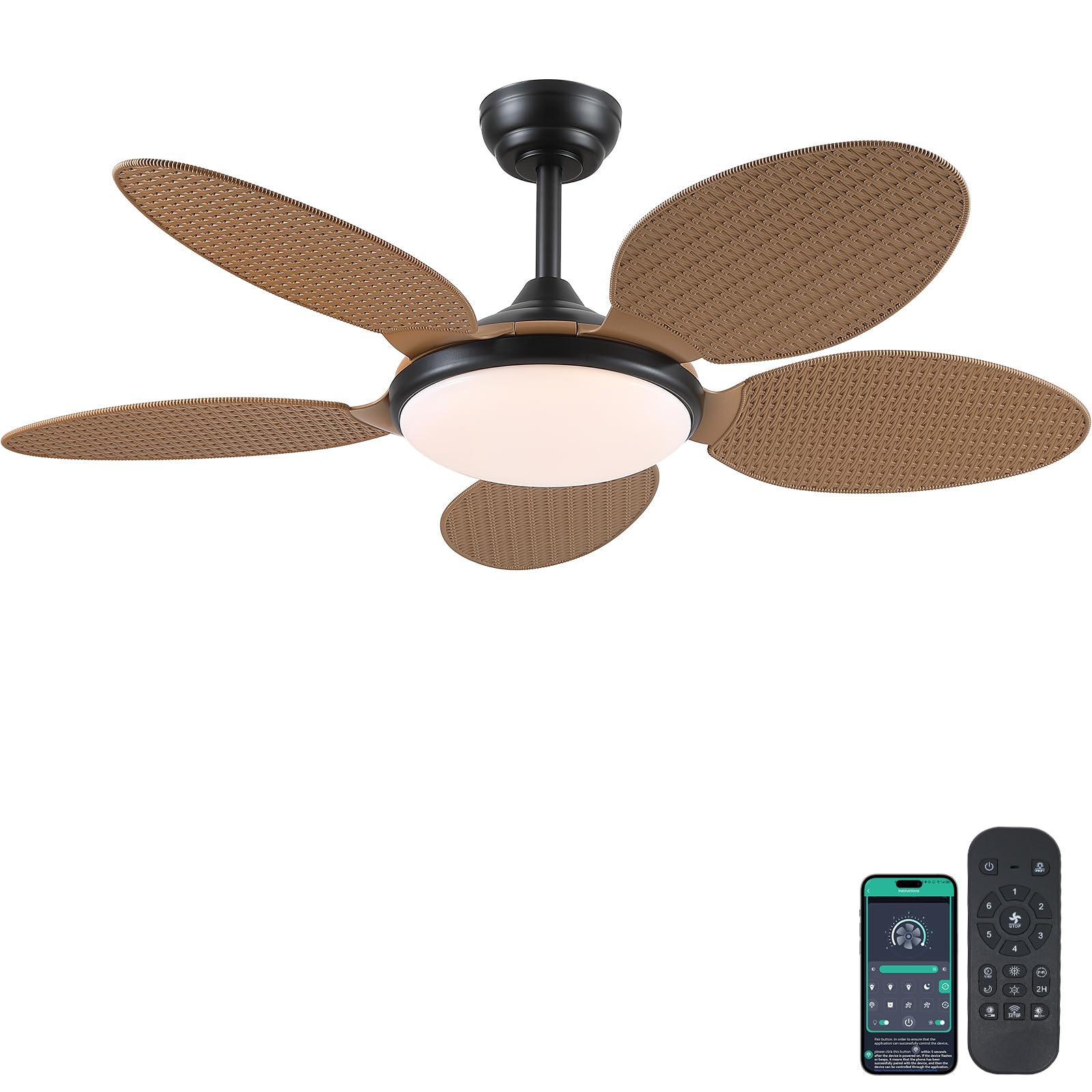 PHORUS 48 Palm Leaf Ceiling Fans with Lights, Outdoor Tropical Ceiling Fans with Remote for Patios Living Room, Dimmable, 6 Spee