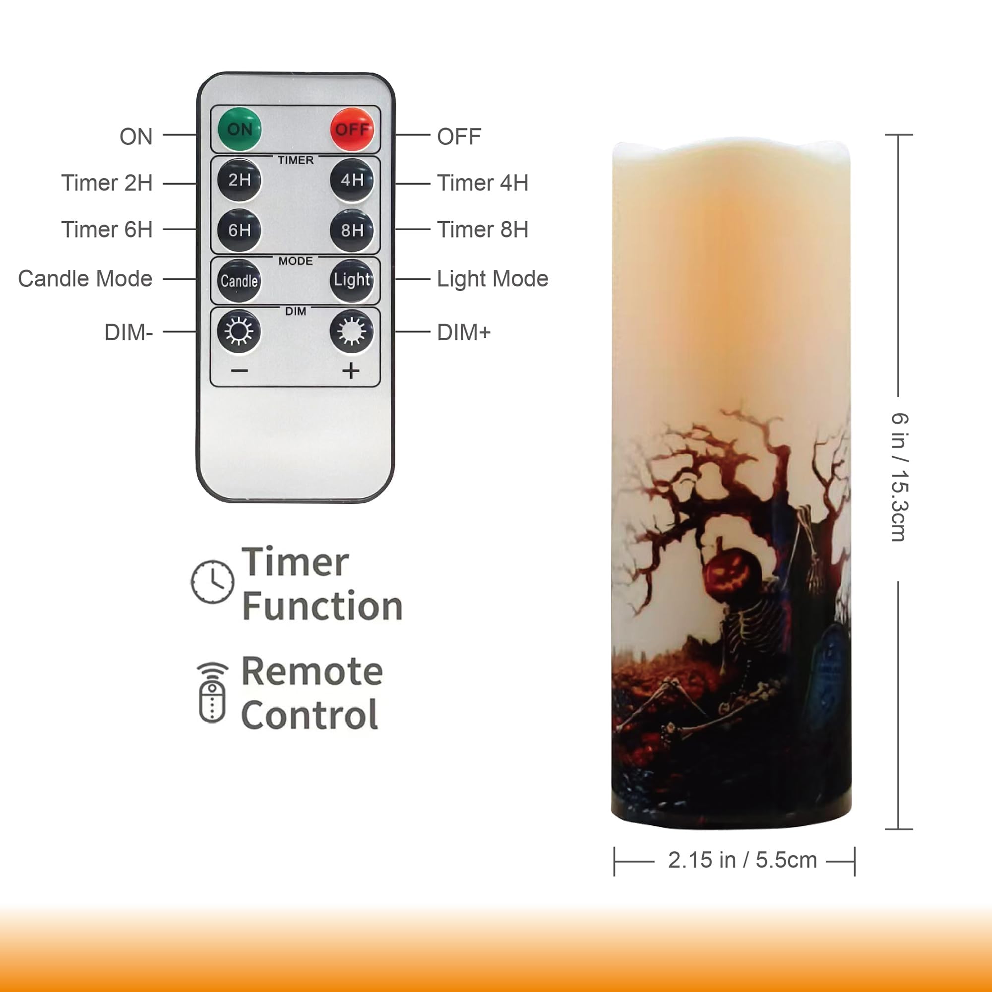 Halloween Flameless Led Candles, Set Of 6, Gothic Design With Remote Control, 6 In X 2.15 In, 2Aa Battery Operated 400+ Hours, T