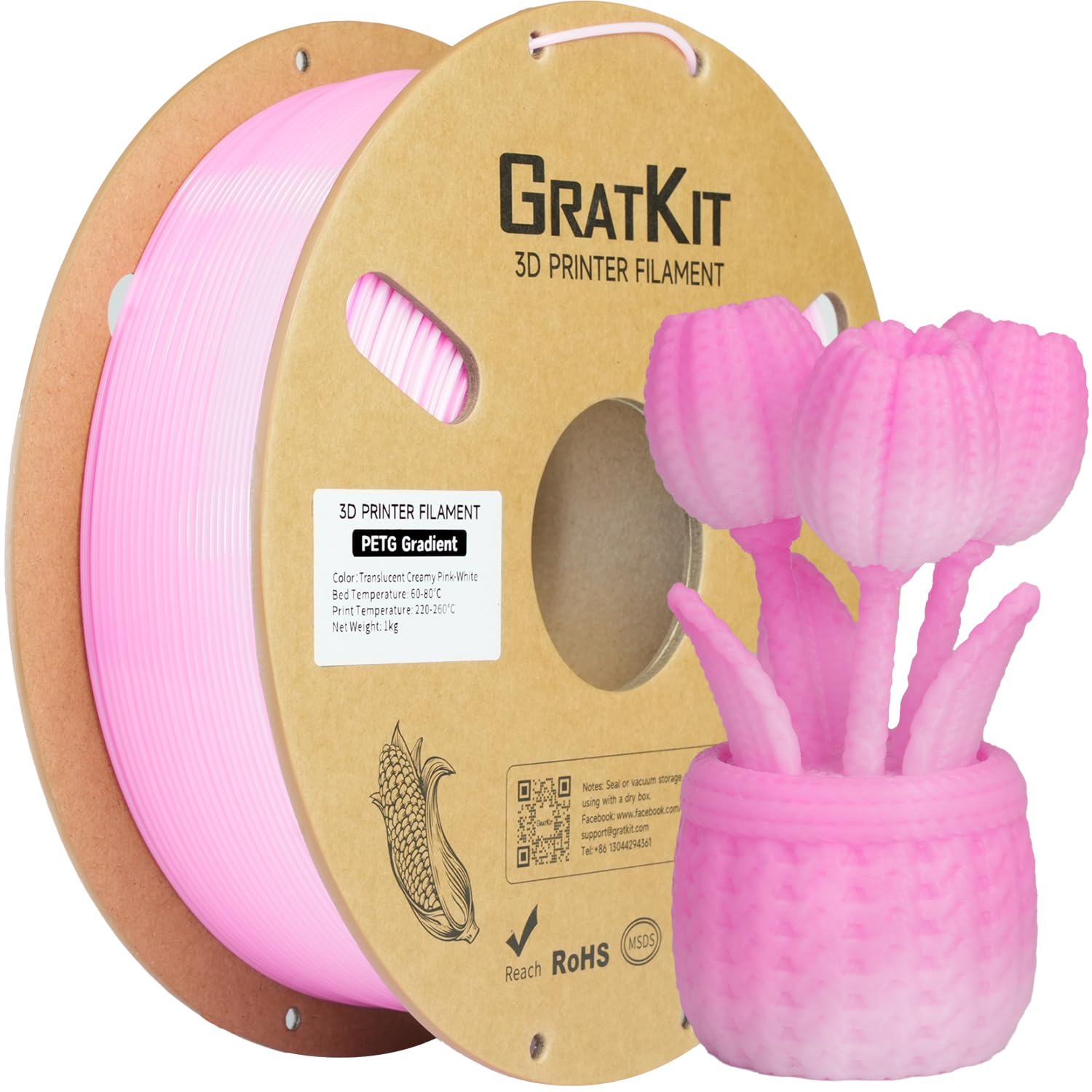 GratKit Gradient PETG Filament, Color Change 3D Printer Filament 1.75mm, 1kg, Multicolor PETG Translucent Gradient Creamy Pink W