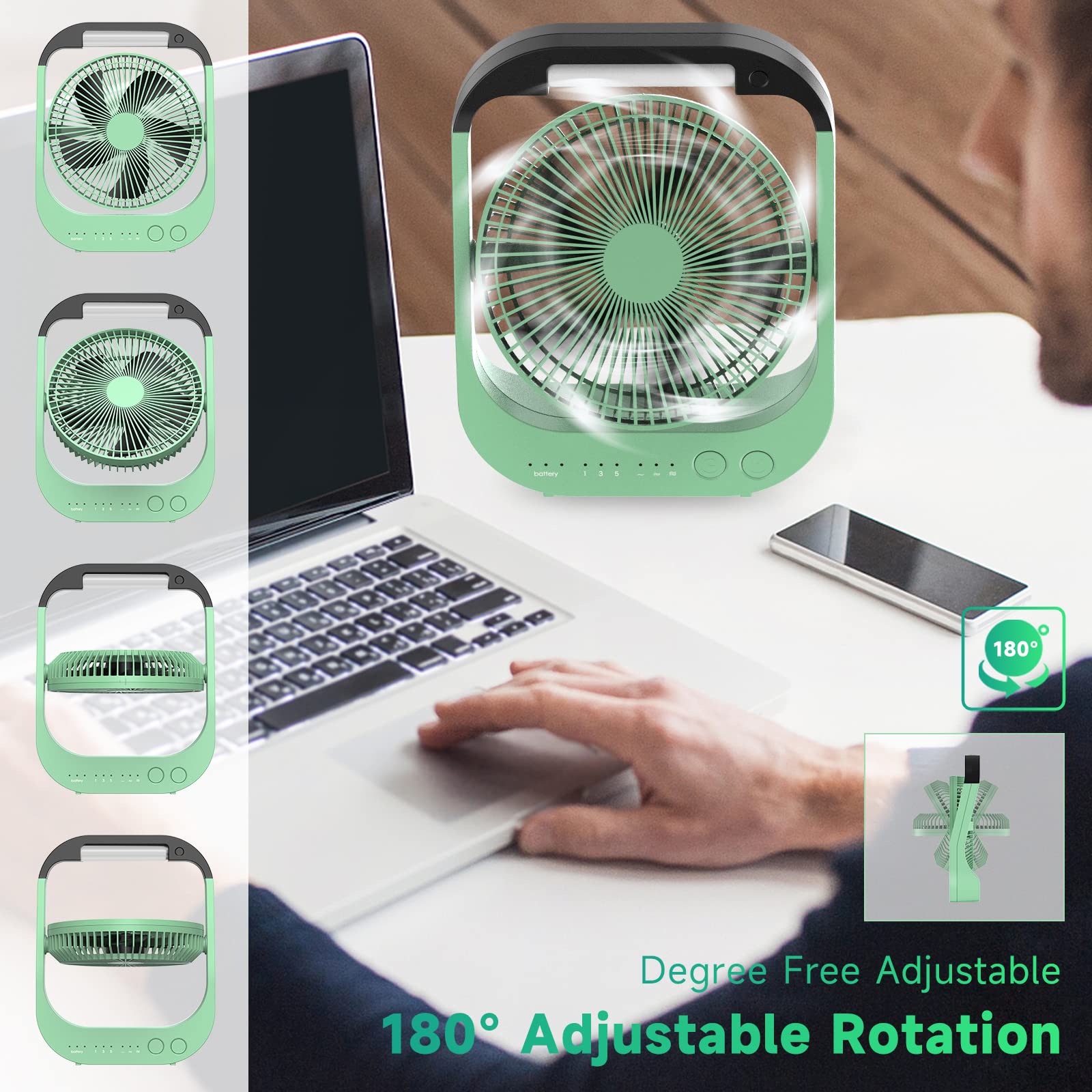 Atengeus Usb Desk Fan, 10000Mah Rechargeable Battery Operated Fan, 4 Speeds Table Fan, 8 Camping Fan, 180Rotation, Led Light, Ti