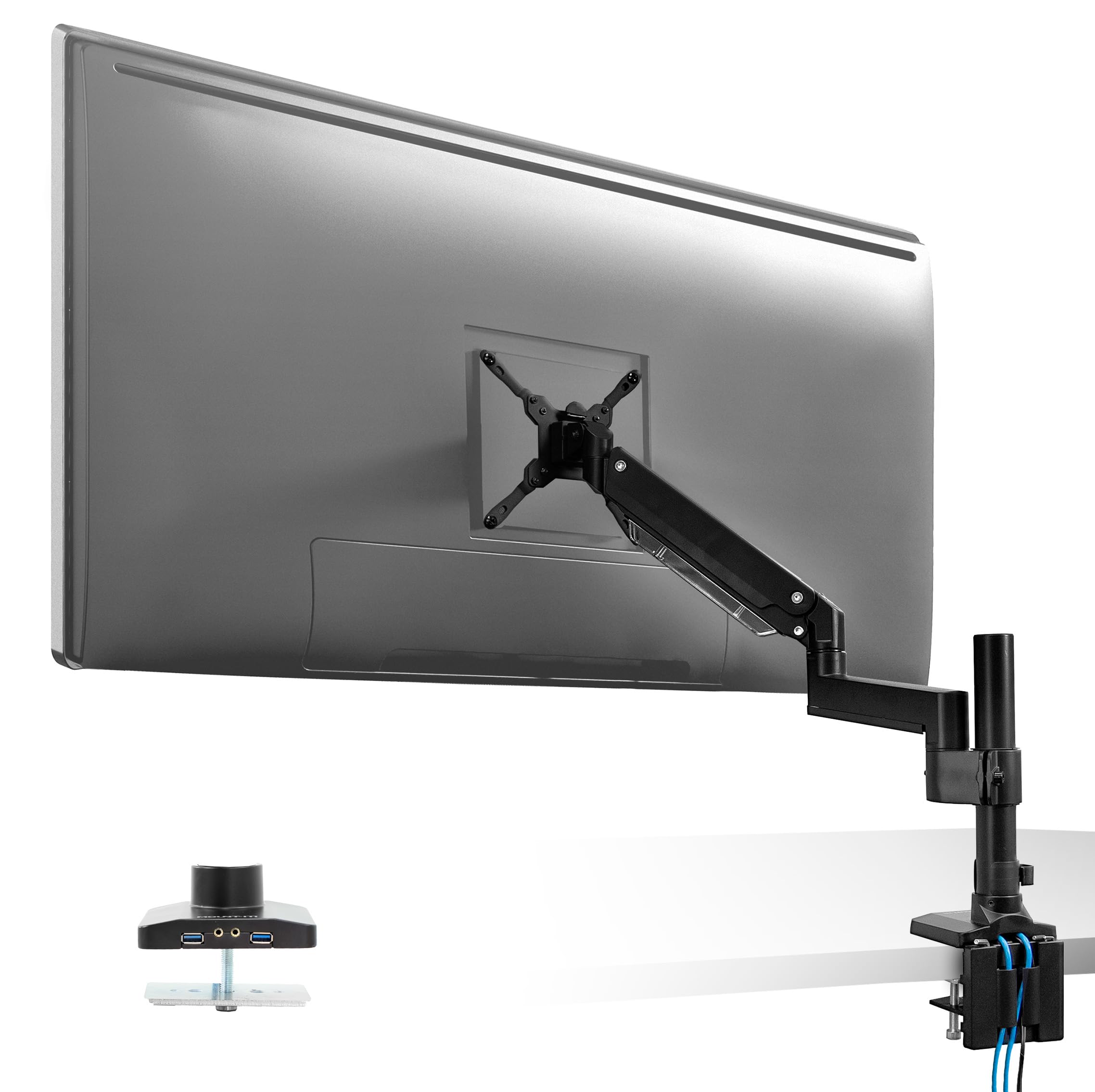 Mount It! Ultrawide Monitor Arm, Heavy Duty 34 Inch Monitor Desk Mount for Screens up to 35 Inch and 33 Lbs, Vesa 100x100 Compatible, Height Adjustable Gas Spring Arm with 2 USB 3.0 and Audio Ports