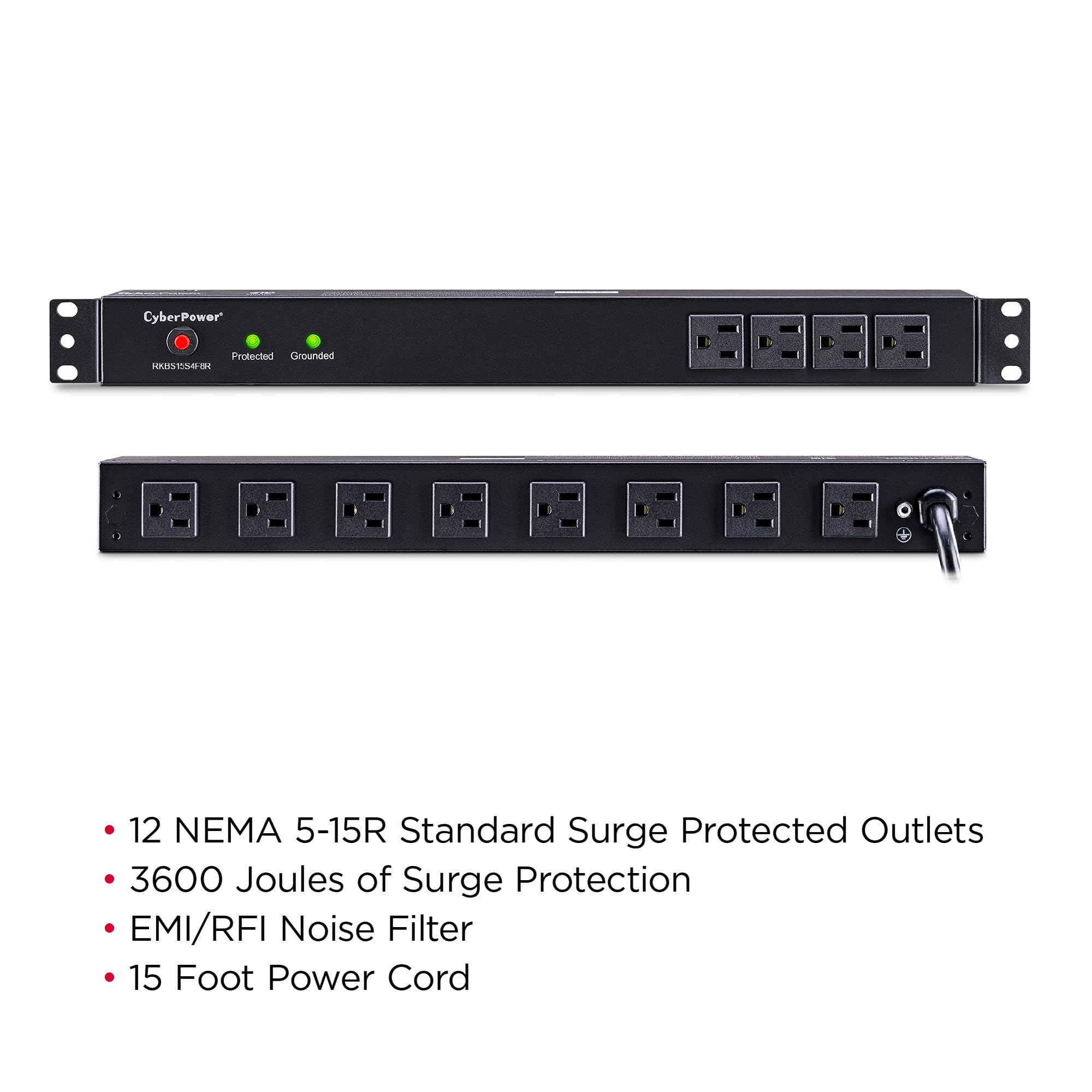 Cyberpower Rkbs15S4F8R Rackbar Surge Protector, 120V/15A, 12 Outlets, 15 Foot Power Cord, 1U Rackmount