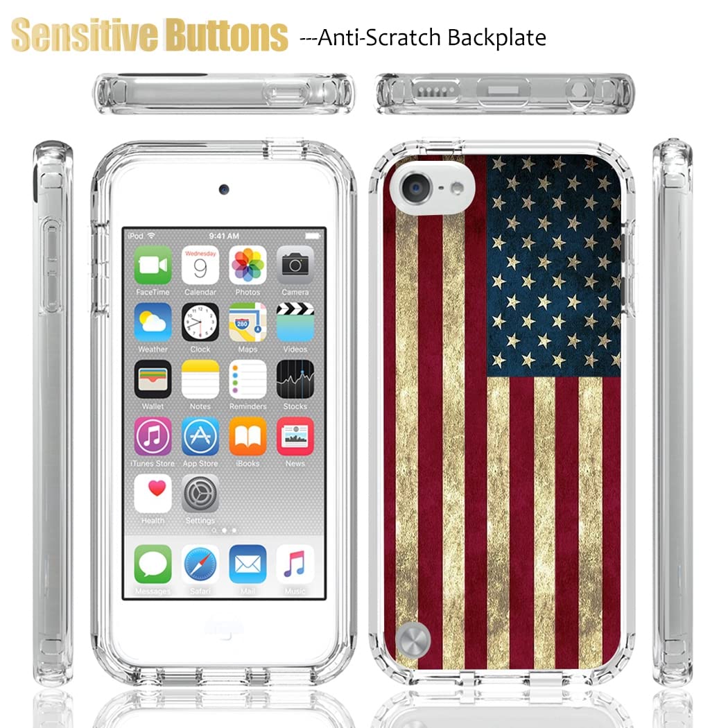 Yodueiv For Ipod Touch 6/Touch 5/Touch 7 Case With Tempered Glass Screen Protector, Full Body Shockproof Cute Clear Flag Pattern