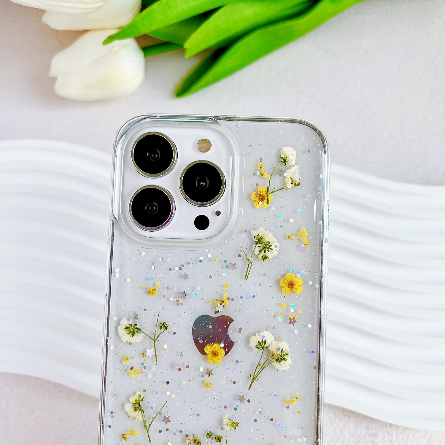 Lseeka For Iphone 13 Pro Max Clear Case With Pressed Real Flowers Design,Glitter Cute Yellow Floral Pattern Slim Soft Tpu Protec