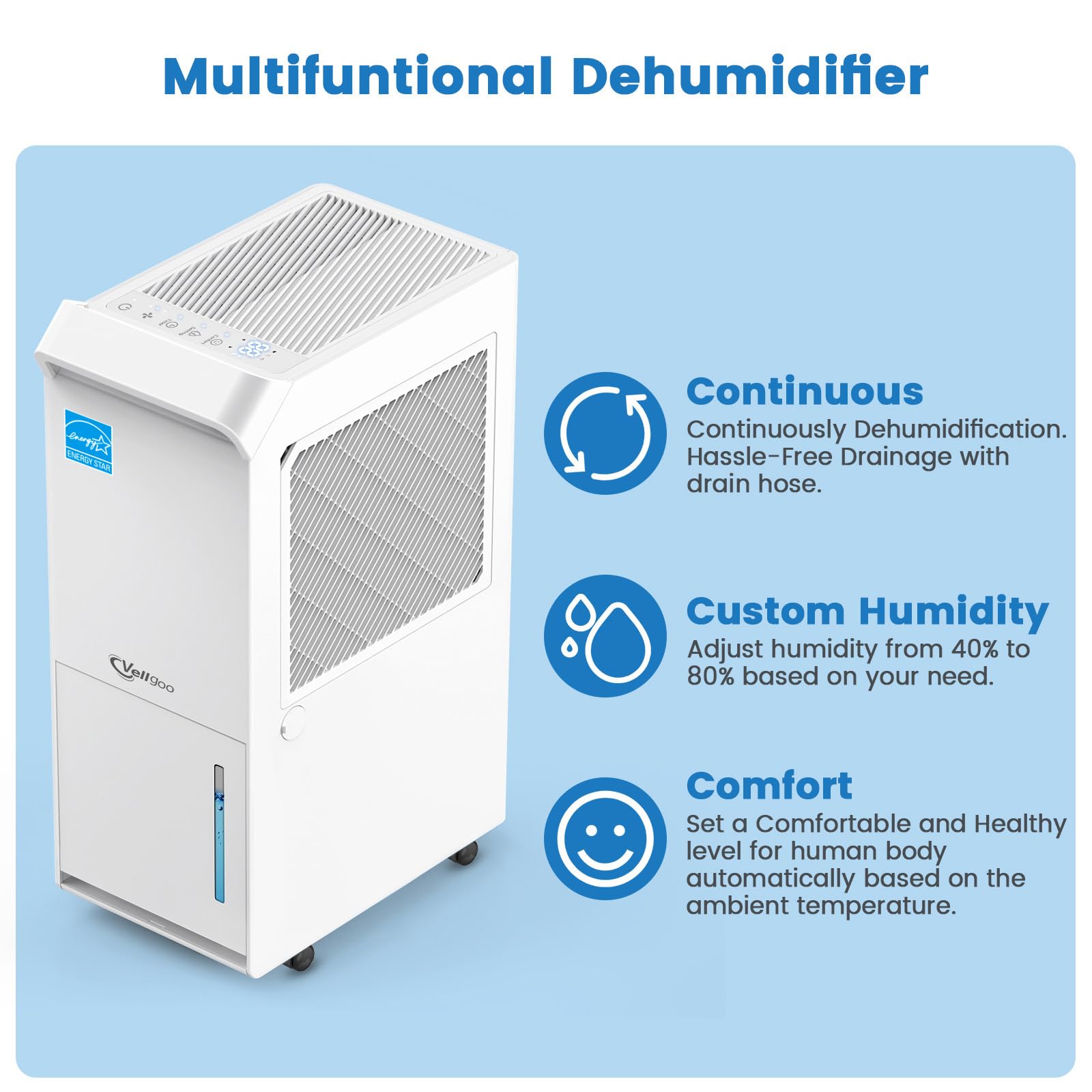 Vellgoo 1,500 Sq.Ft Energy Star Dehumidifier For Basement With Drain Hose, 22 Pint 2019 Doe Drytank Series Dehumidifiers For Lar