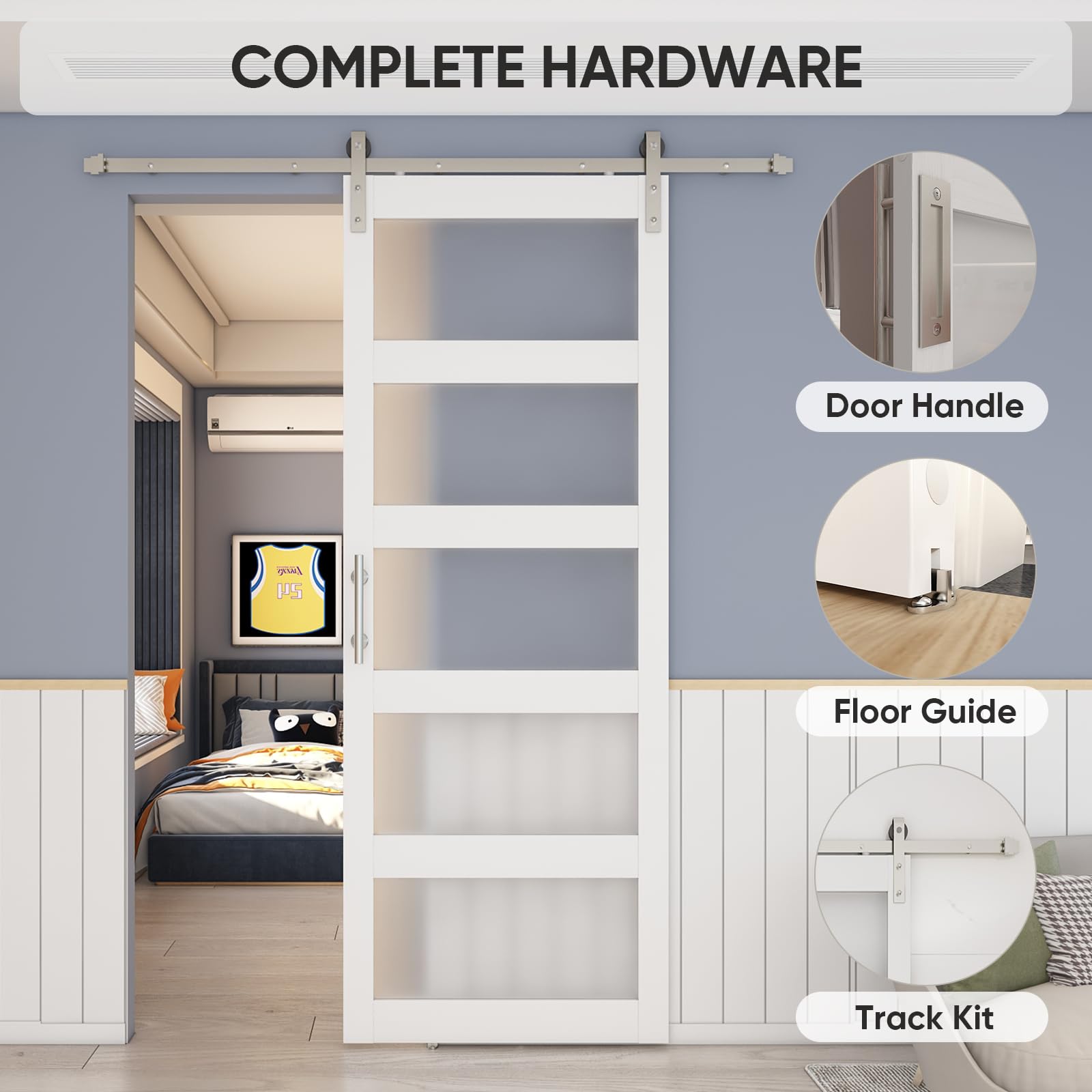 Barnsmith 36In X 96In Glass Barn Door And 6.6Ft Sliding Door Hardware Included, 5 Panel Frosted Glass, Solid Wood Covered With W