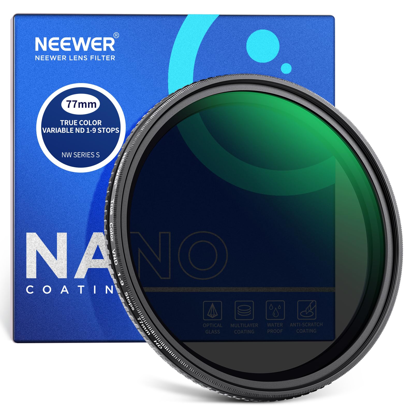 Neewer 77Mm True Color Variable Nd2-Nd400 Filter, Hard Stops Adjustable Neutral Density Vnd Filter With Multi Coated Hd Optical 