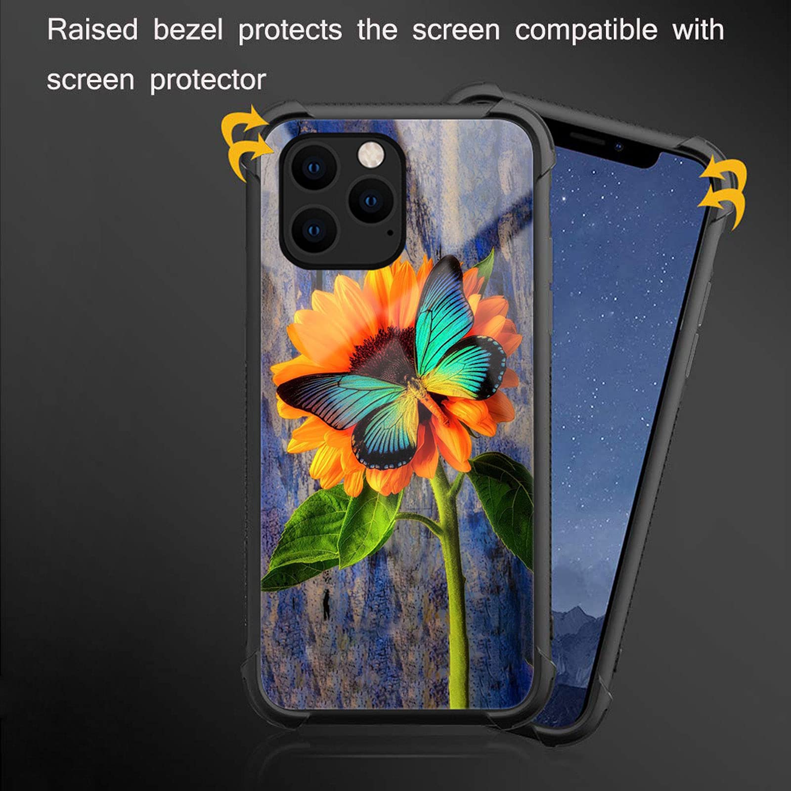 CARLOCA iPhone 13 Case Shockproof Anti-Scratch Drop Protection Sunflower Butterfly Graphic Polycarbonate
