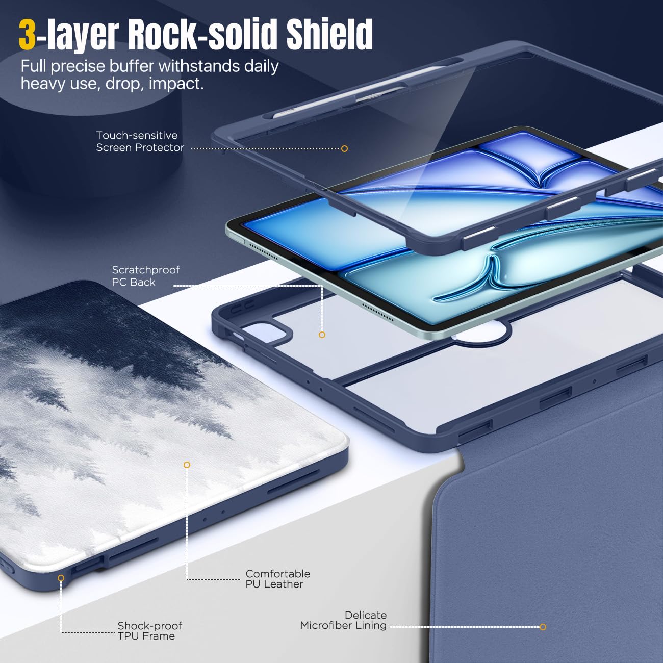 MoKo for iPad Air 13 Inch Case M2 2024 with Pencil Holder, iPad Air 13 Case, [Built in Screen Protector], iPad Air 13' Case with Clear Back & Magnetic Multi Angle Stand Cover, Gray Forest