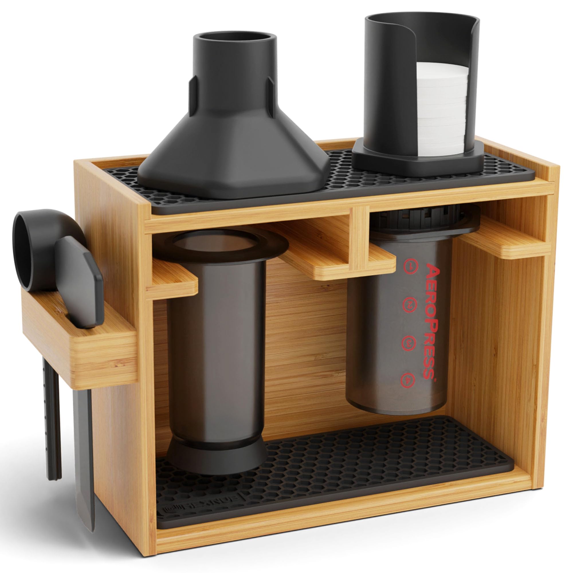 Hexnub   Bamboo Organizer For Aeropress, Coffee Caddy Station Holds Aeropress Coffee Maker, Accessories, Filters, Cups, Stand In
