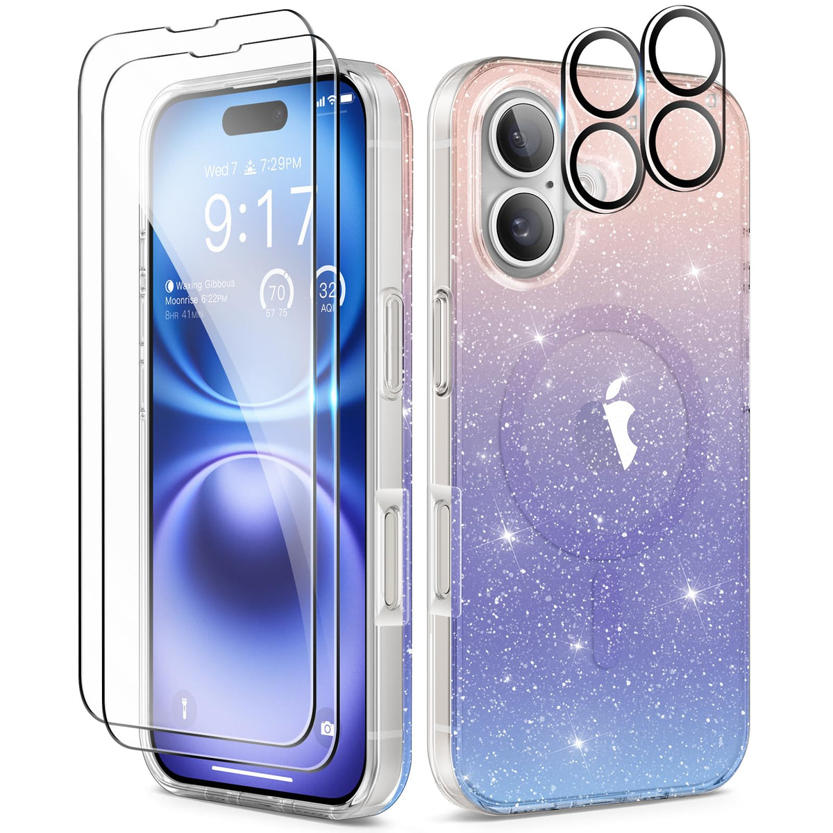 Berfy 5 In 1 Compatible With Iphone 16 Case Glitter, With 2X Screen Protector + 2X Camera Lens Protector, [Non Yellowing] Clear