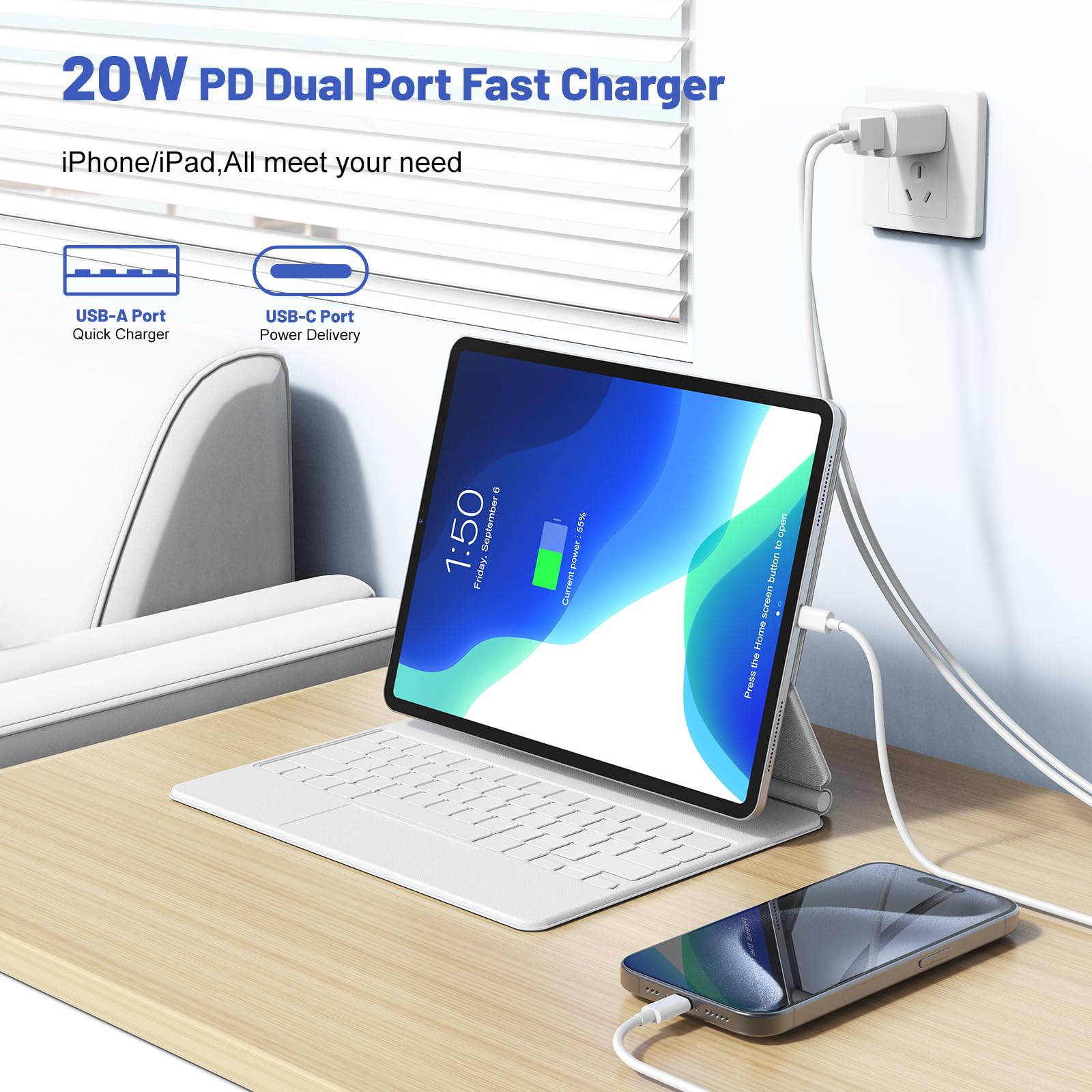 For Iphone 15 Fast Charger,[Apple Mfi Certified] 2Pack Dual Port 20W Pd Power Usb C Wall Charger Adapter With 10Ft Long Usb C Fa