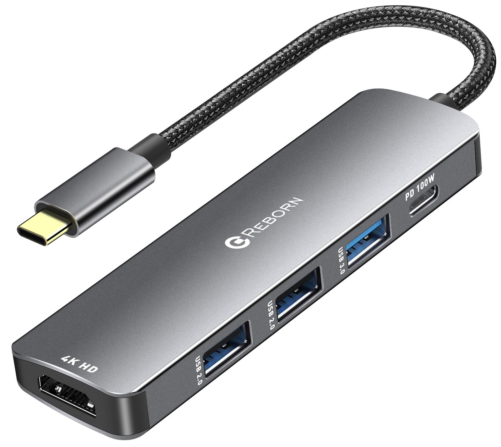 Reborn USB C Hub 5-in-1 for MacBook Pro/Air, 4K HDMI Multiport Adapter with 100W Power Delivery, 3*USB A Data Ports, USBC Dongle