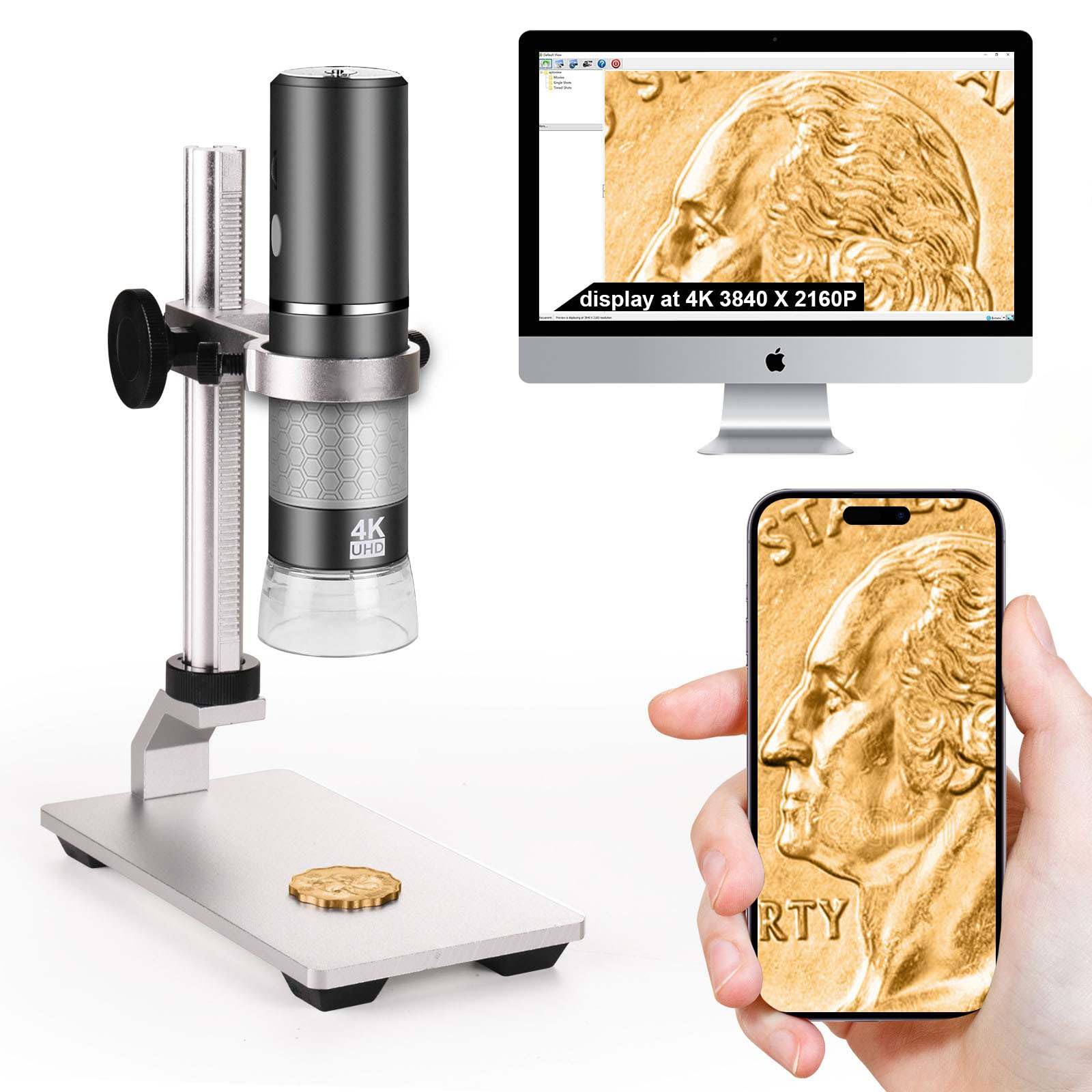 Ninyoon 4K Microscope With Professional Stand For Iphone Android Pc, 50 1000X Digital Usb Microscope Endoscope Hd Camera For All