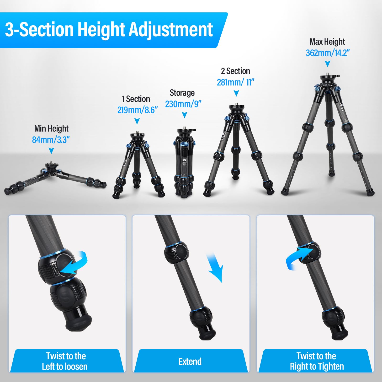 Sirui Am223L Mini Leveling Tripod, Carbon Fiber Desktop Travel Tripod For Dslr Camera Video Camcorder, Max Load 33Lbs, Max Height 14.2'