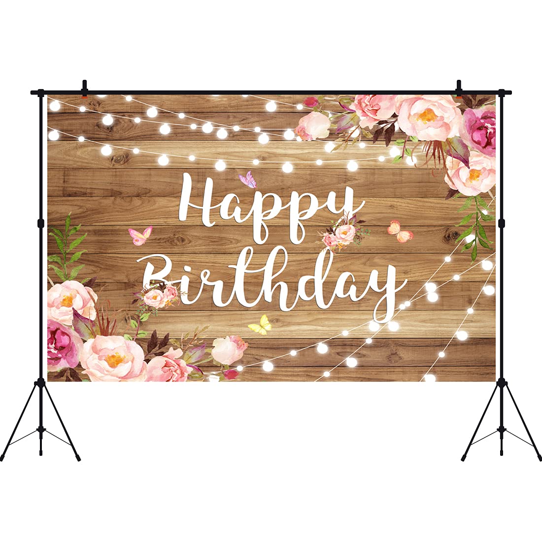 Aperturee 5X3Ft Pink Floral Happy Birthday Backdrop Butterfly Wooden Floor Watercolor Flowers Girls Women Photography Background