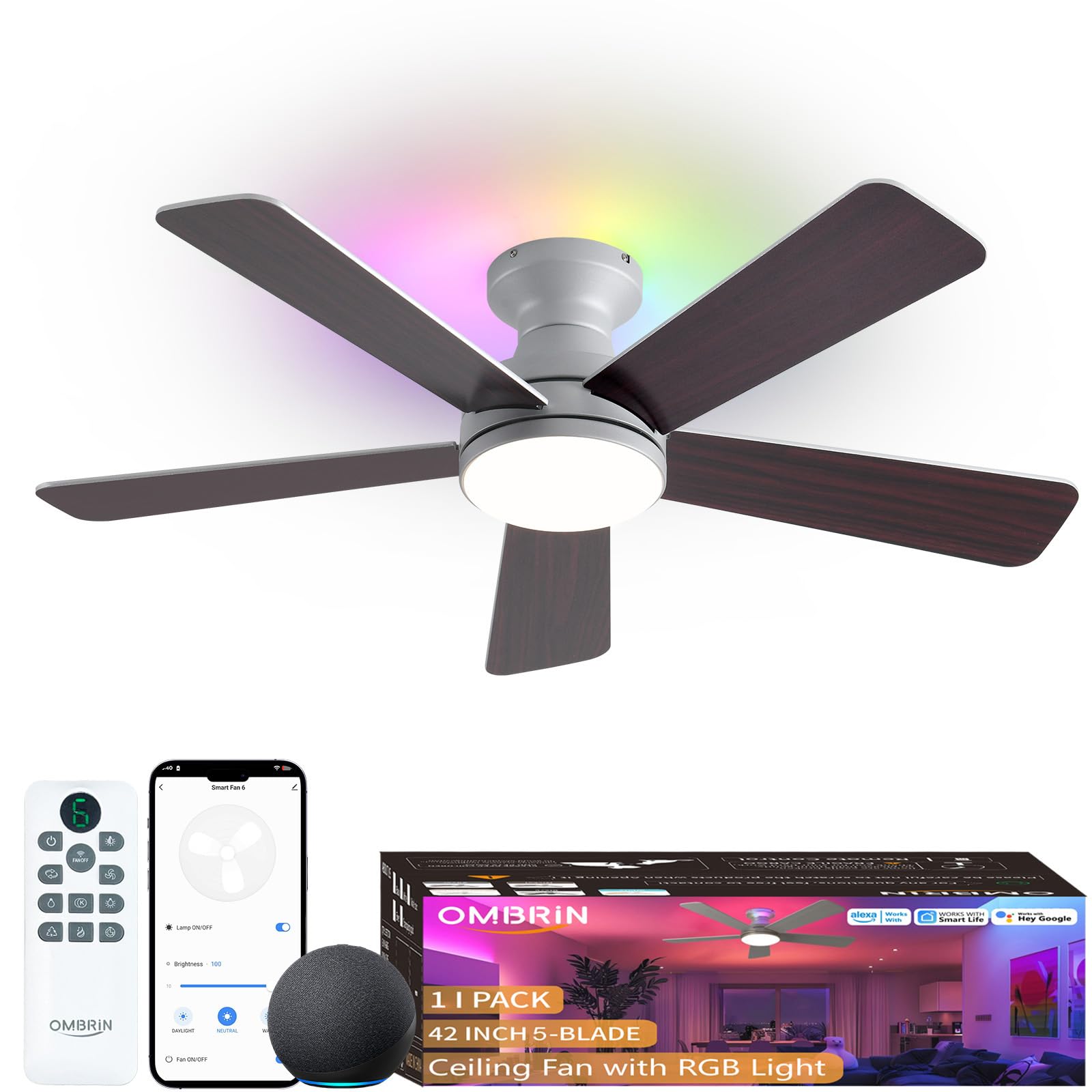 Ombrin 42 Inch Ceiling Fans with Lights, Smart Ceiling Fan with Alexa Google App, Silver Ceiling Fan with RGB Lights Remote, 6 S